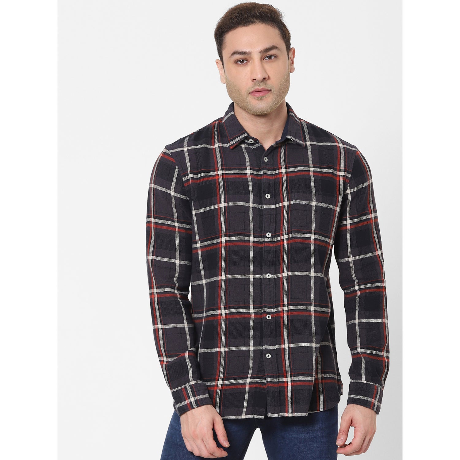 Grey and Red Checked Cotton Casual Shirt (VARACE)