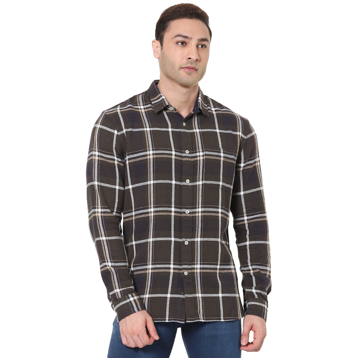 Olive Green and White Checked Cotton Casual Shirt (VARACE)