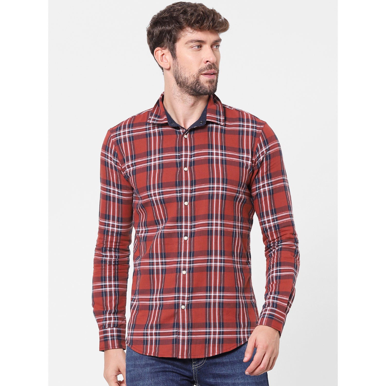 Red and Blue Tartan Checked Cotton Casual Shirt (VAREVERSE)
