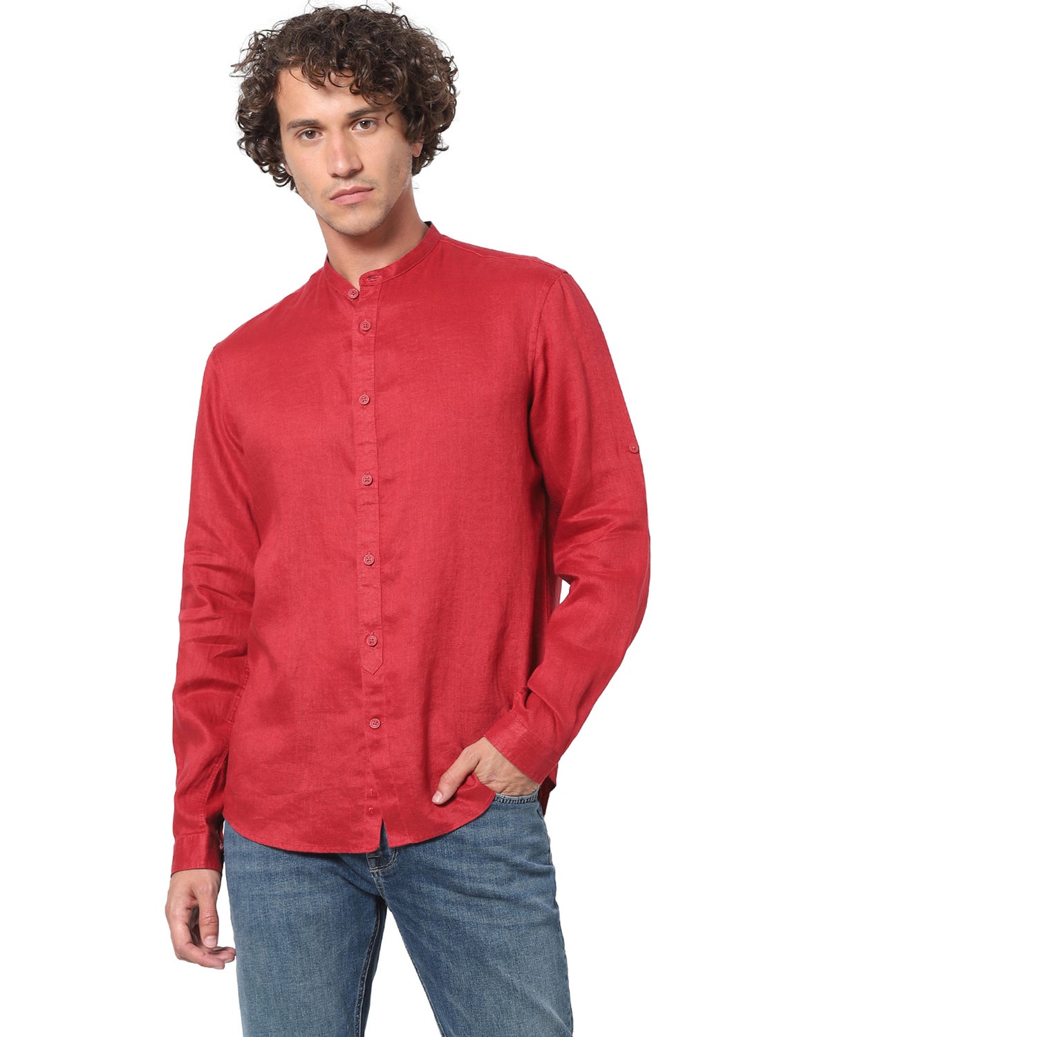 Red Solid Linen Casual Shirt (VATAMAO)