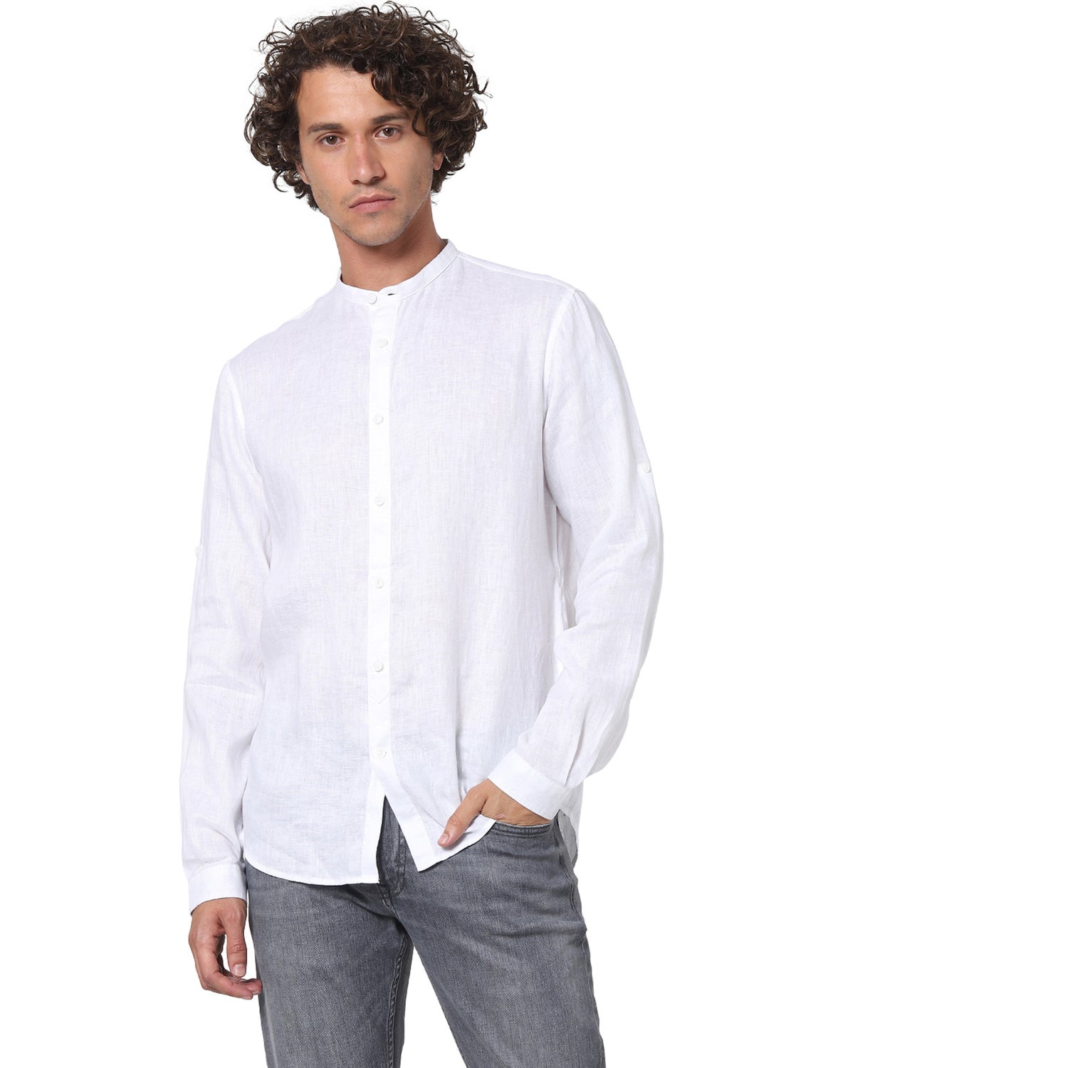 White Solid Linen Casual Shirt (VATAMAO)