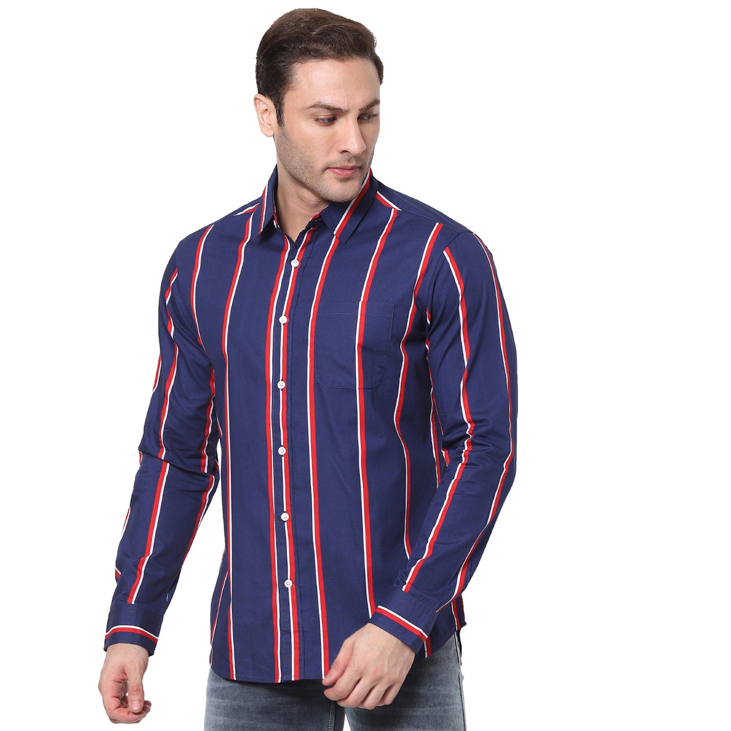 Navy Blue and Red Striped Casual Shirt (VATOM)