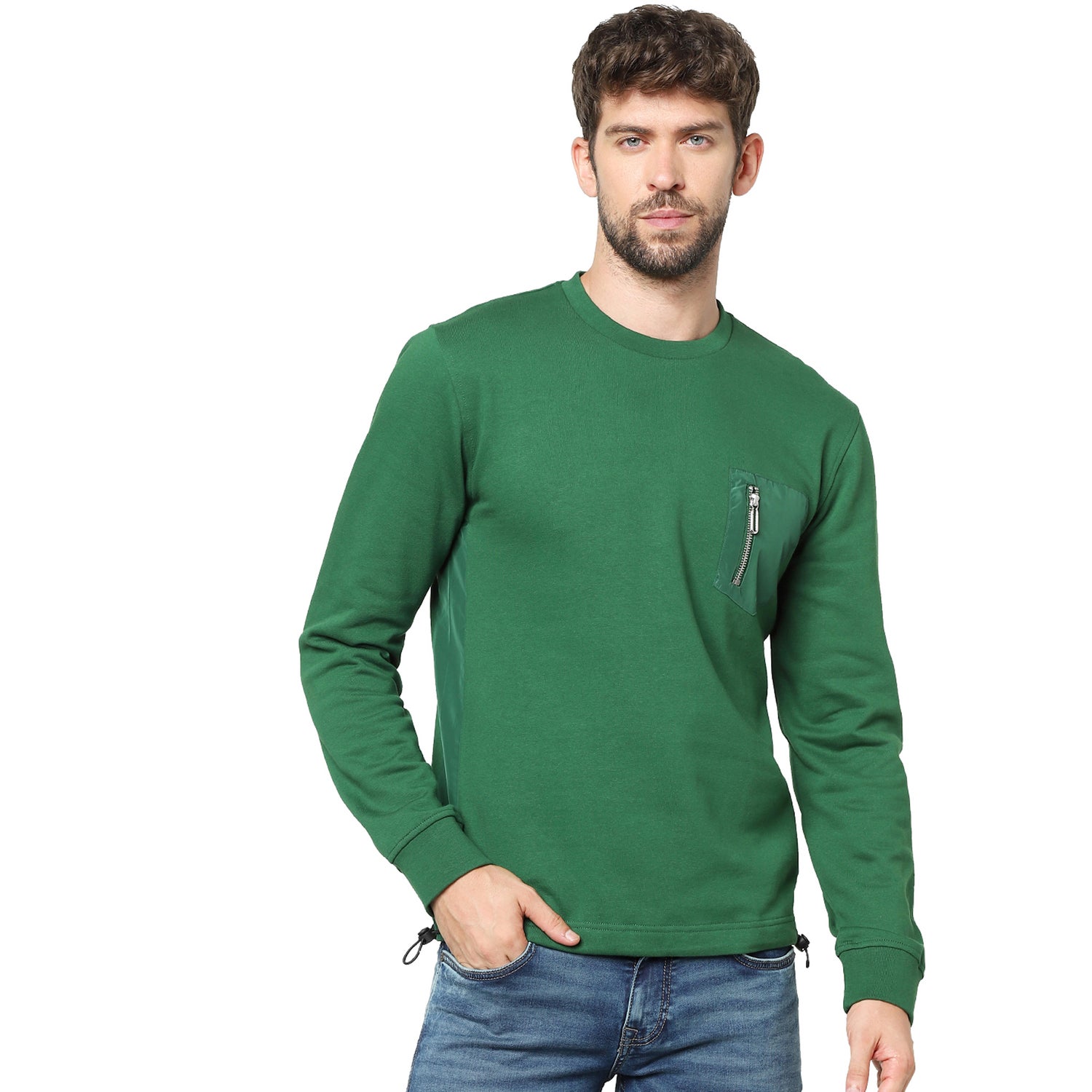 Green Round Neck Cotton Pullover Sweatshirt (VEBIMAT)