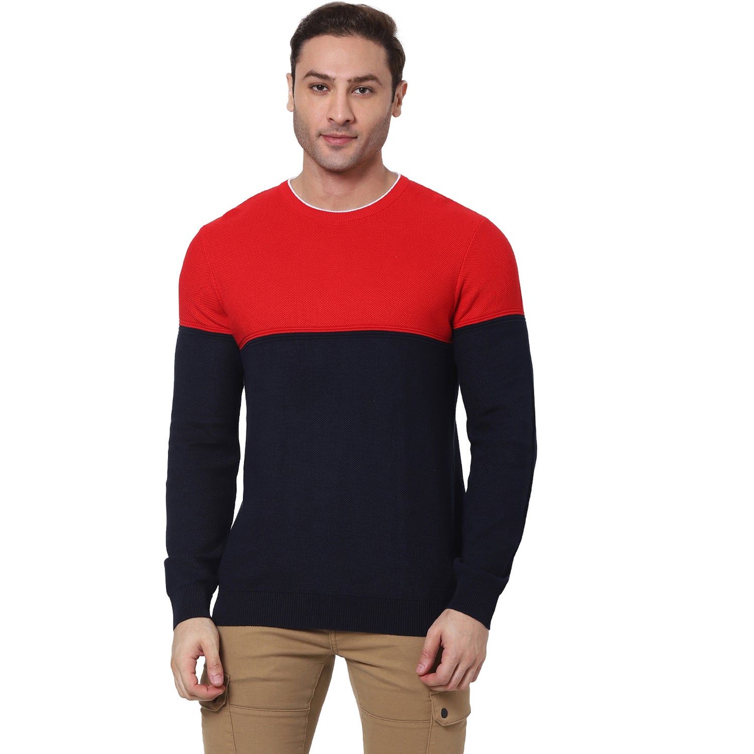 Navy Blue and Red Colourblocked Cotton Pullover Sweater (VEBLOCKI)