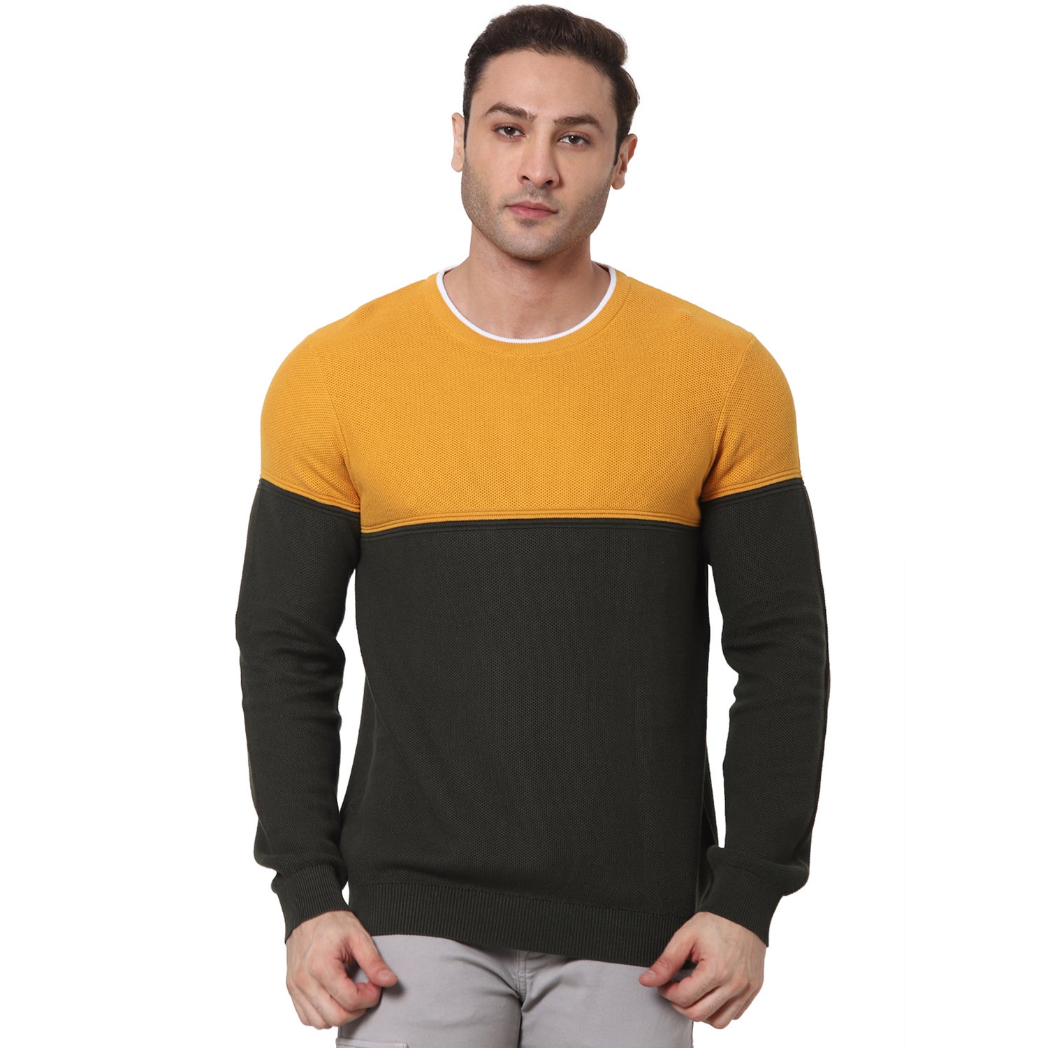 Yellow Colourblocked Cotton Pullover Sweater (VEBLOCK)