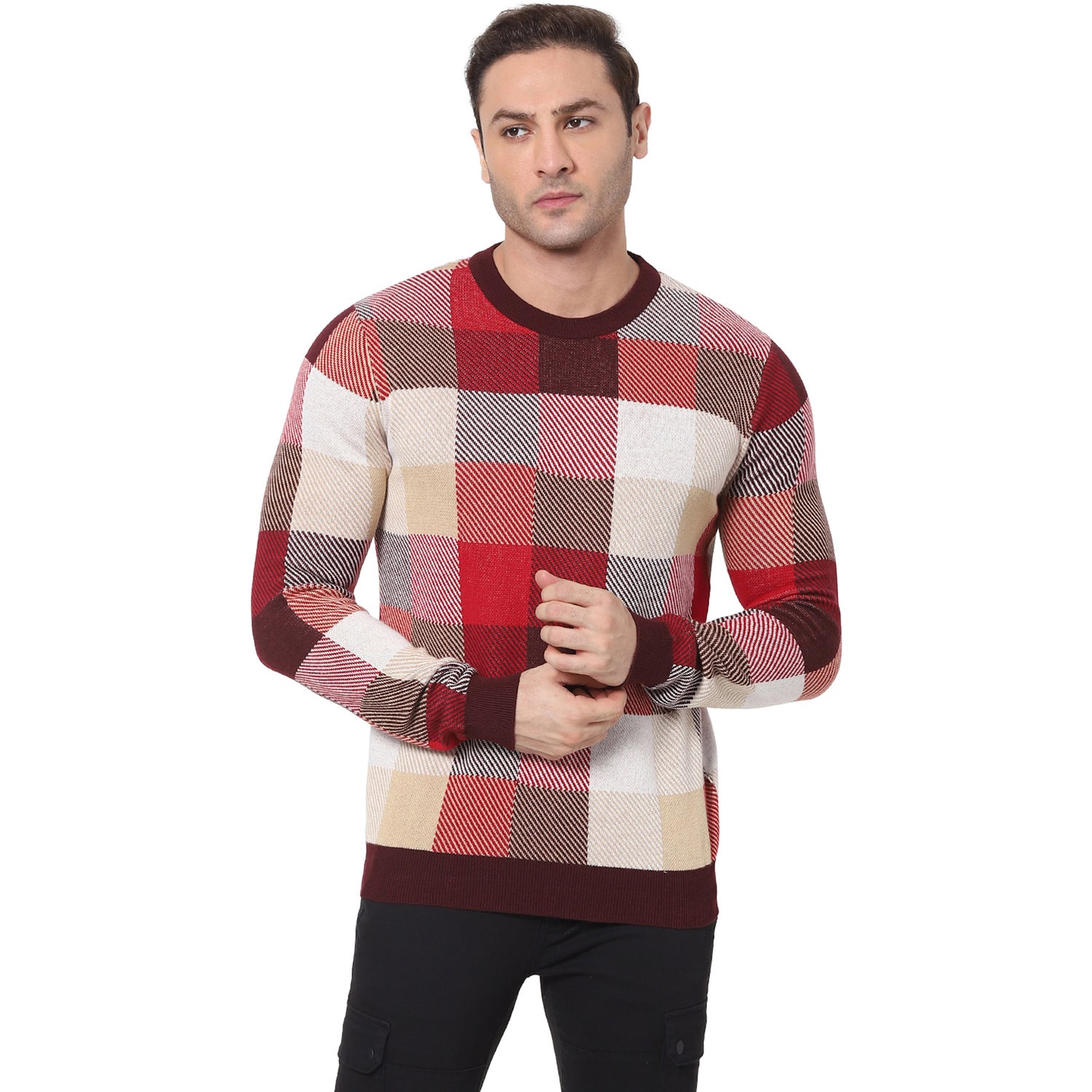 Red and Cream-Coloured Checked Cotton Pullover Sweater (VECHECKI)