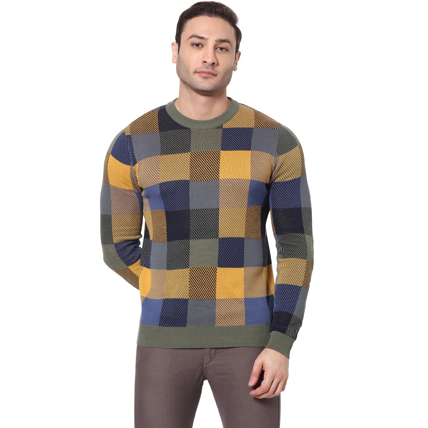 Yellow and Blue Checked Cotton Pullover Sweater (VECHECKI)