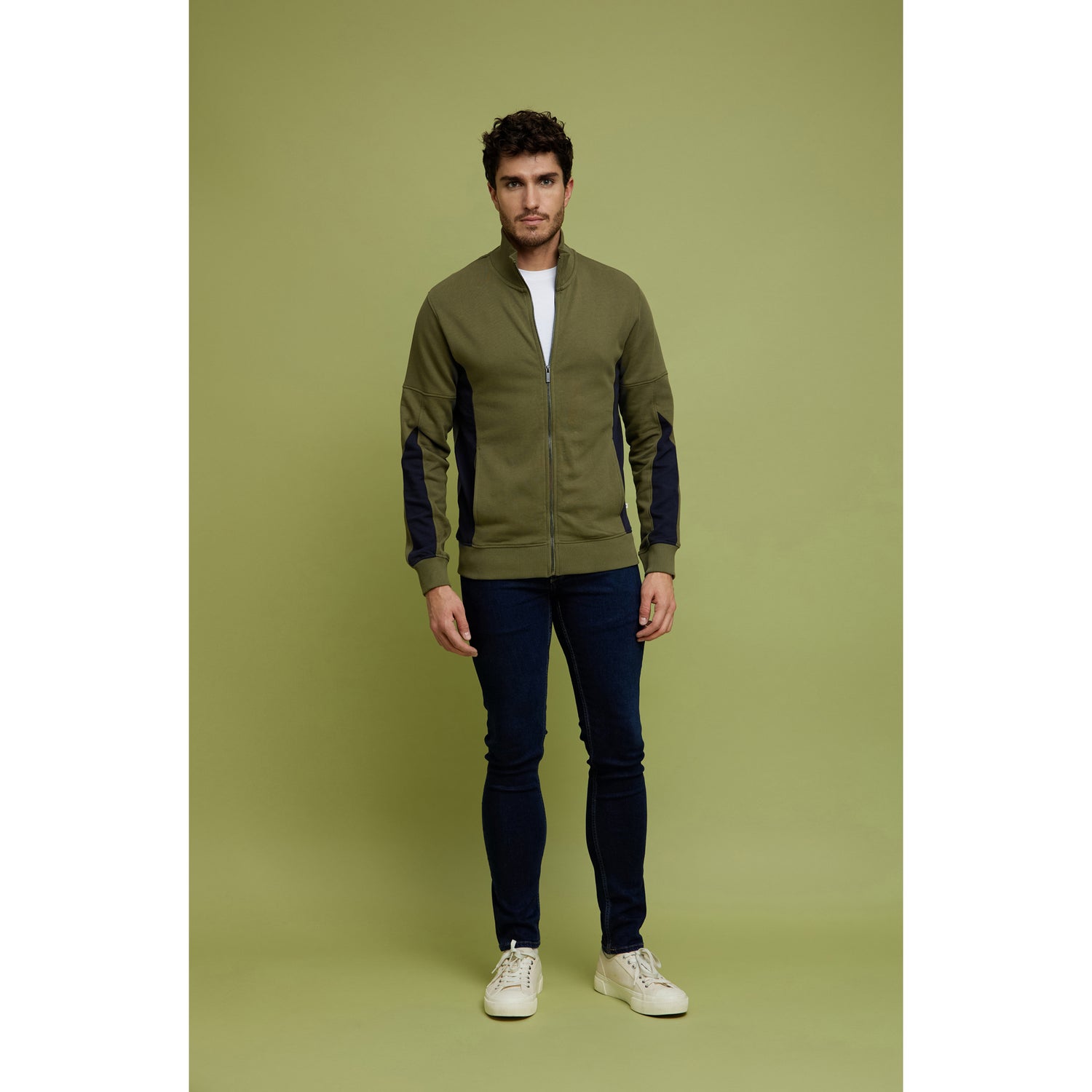 Olive Green and Black Colourblocked Cotton Sweatshirt (VEDUAL)