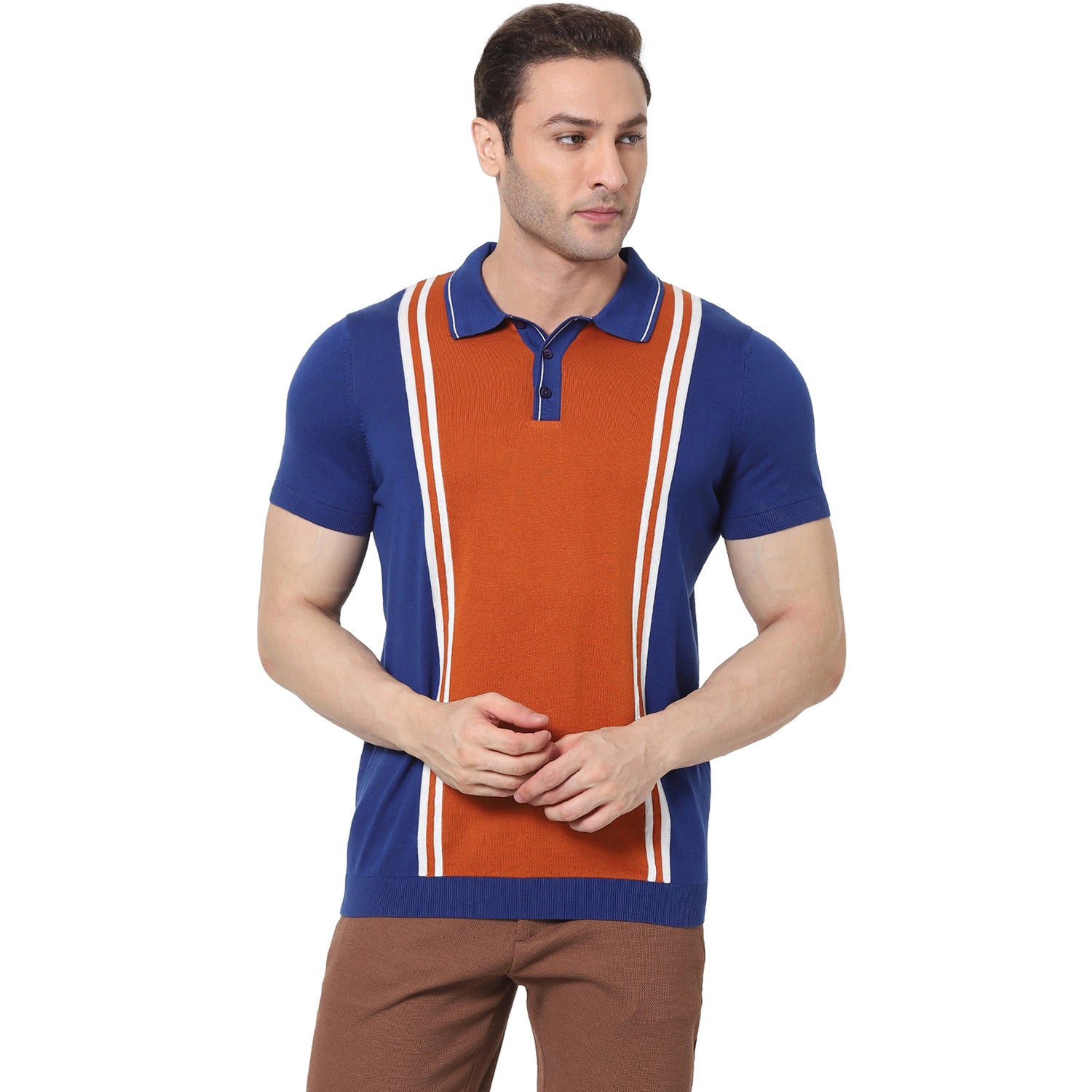 Blue and Red Colourblocked Polo Collar Cotton Pure Cotton T-shirt (VEFLAT)
