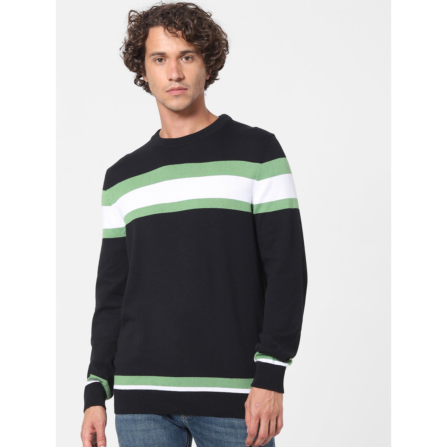 Black and Green Striped Cotton Pullover Sweater (VERMEER)