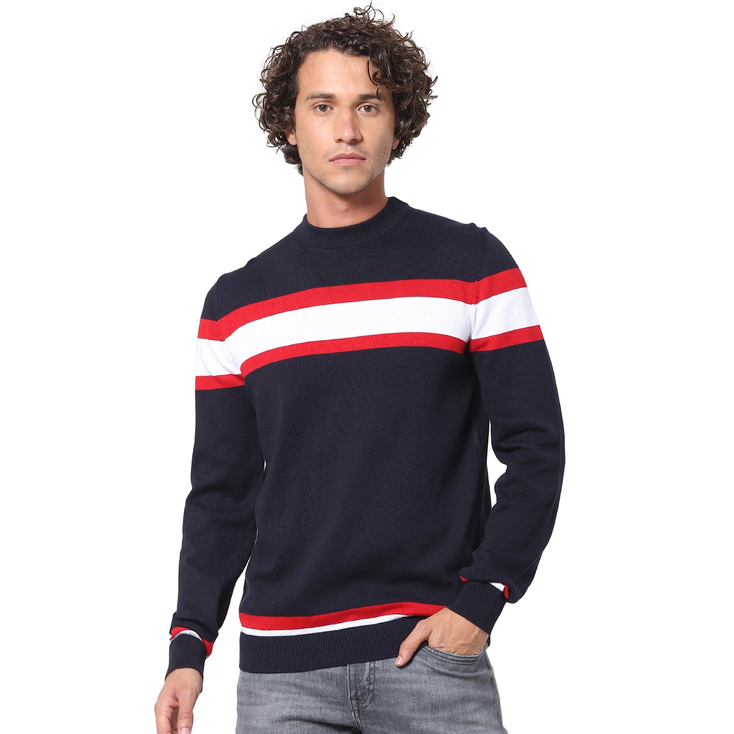 Navy Blue and White Striped Cotton Pullover Sweater (VERMEERI)