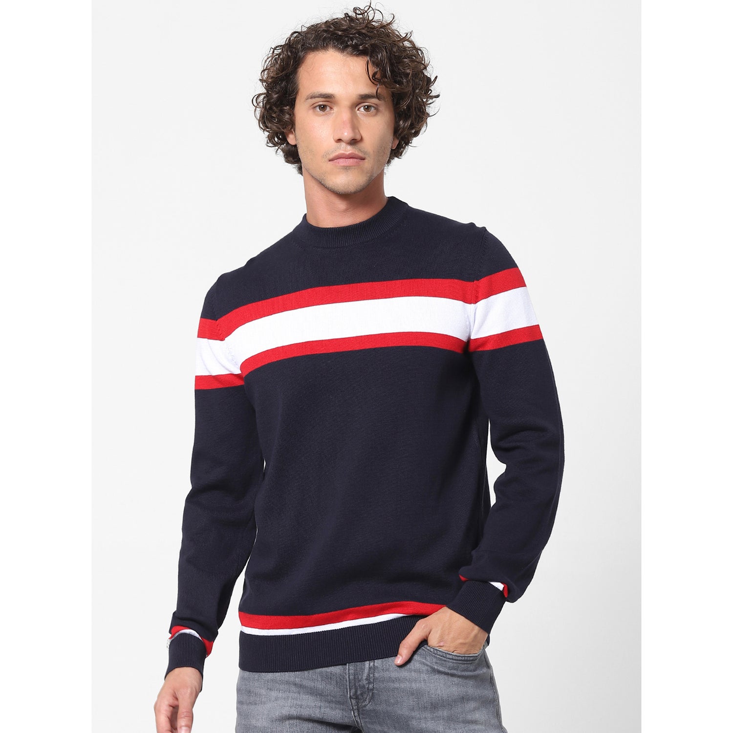 Navy Blue and White Striped Cotton Pullover Sweater (VERMEER)