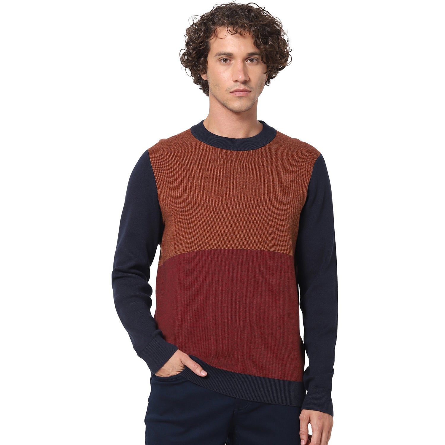 Navy Blue Solid Colorblocked Sweater (VERYGOODIN)