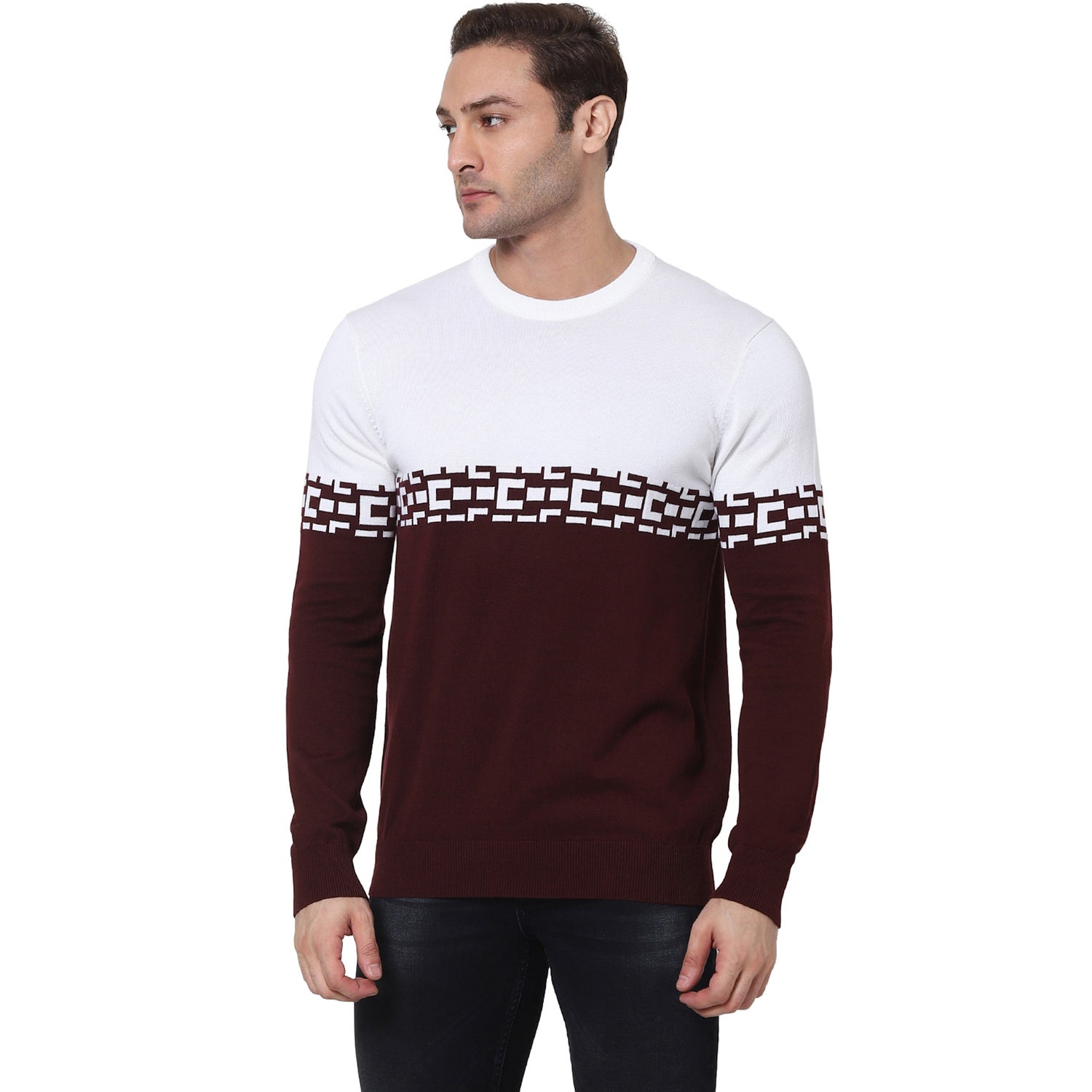 Burgundy Colourblocked Cotton Pullover Sweater (VEZAG)