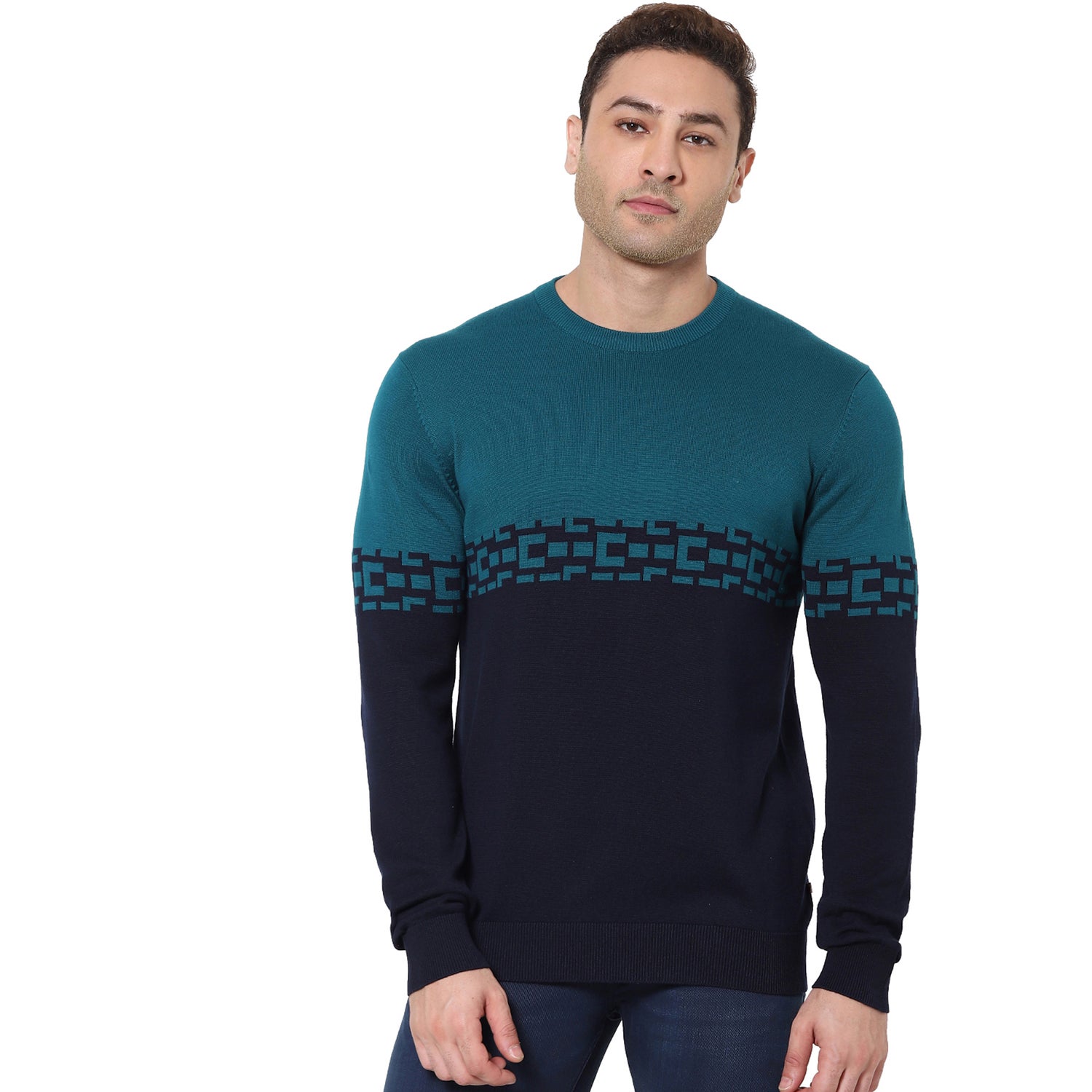 Navy Blue and Blue Colourblocked Cotton Pullover Sweater (VEZAGI)