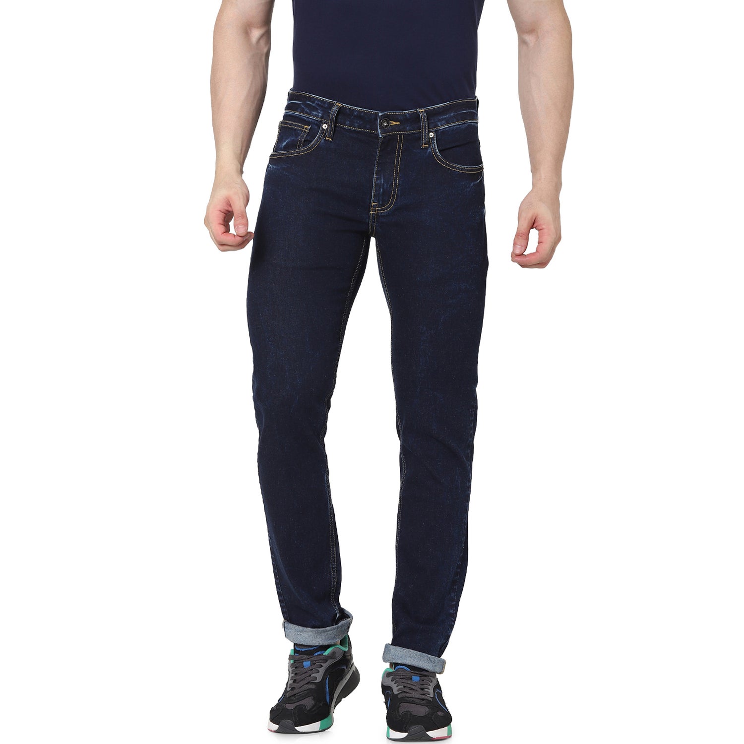 Navy Blue Slim Fit Bleached Stretchable Jeans (VOENTRY1)