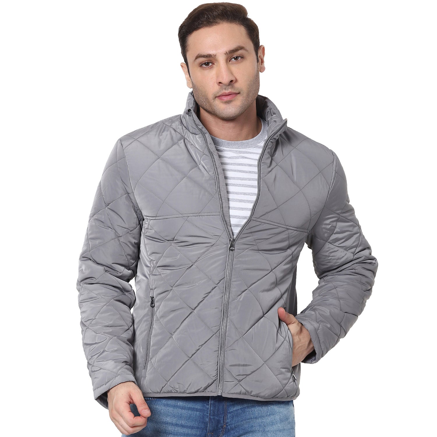 Grey Solid Long Sleeve Quilted Jacket (VUFIRSTI)