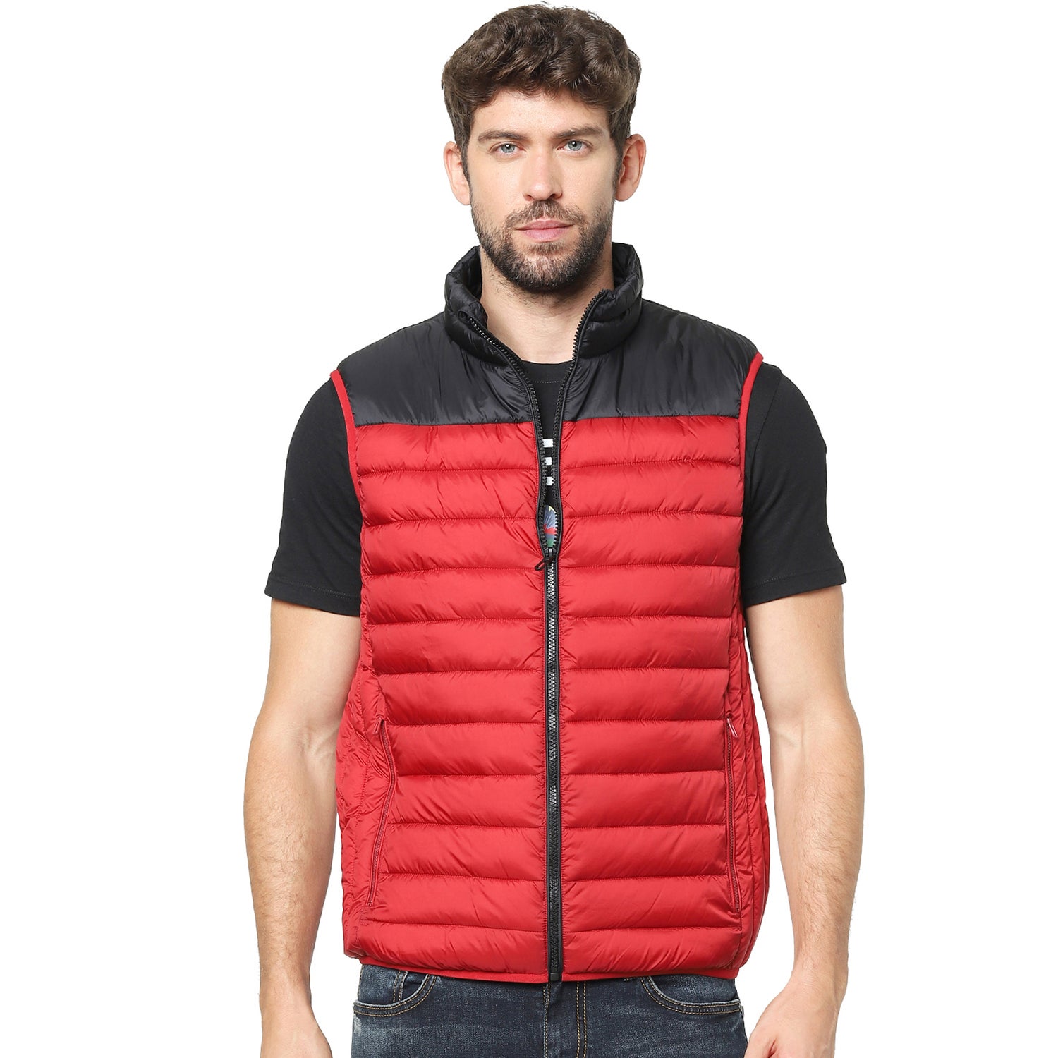 Red and Black Colourblocked Sleeveless Padded Jacket (VULESSBLOCI)