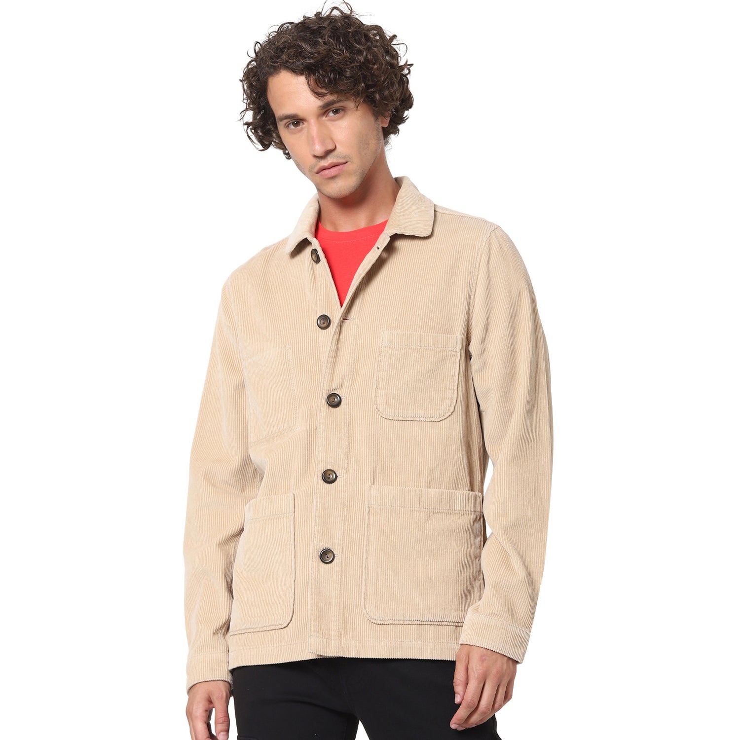 Beige Solid Cotton Long Sleeves Tailored Jacket (VUMUSEVEL)