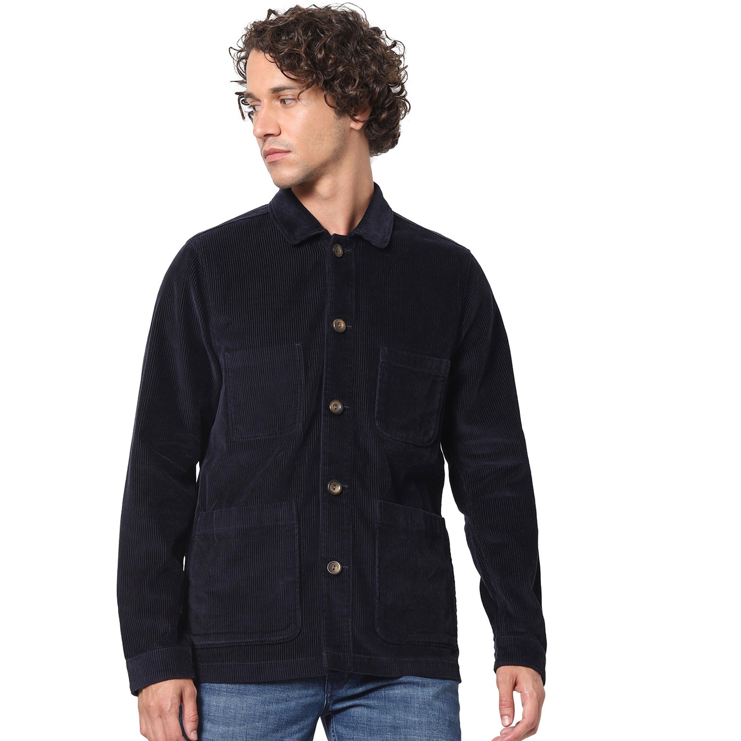 Navy Blue Solid Cotton Long Sleeves Tailored Jacket (VUMUSEVELI)