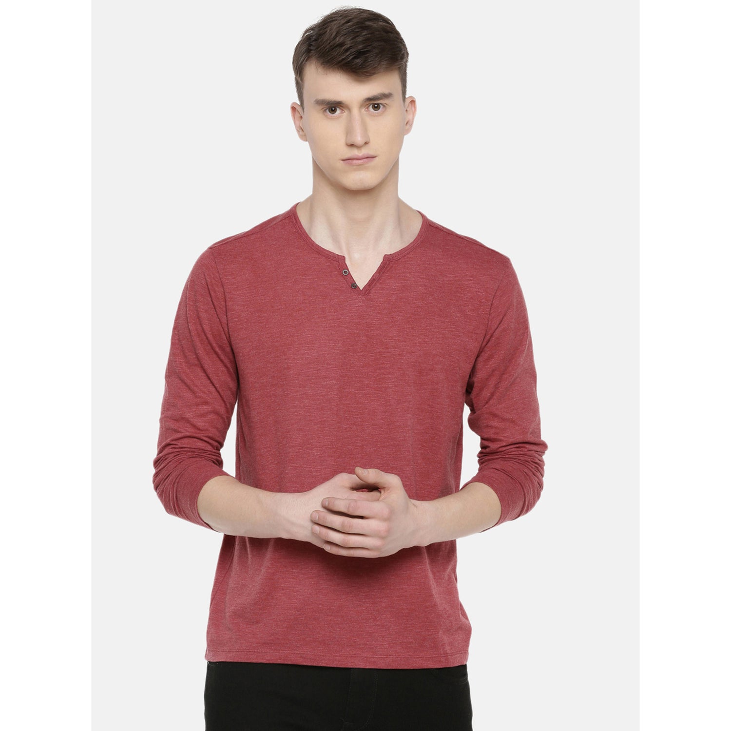 Red Solid Henley Neck Sustainable T-shirt (ABELONG01)