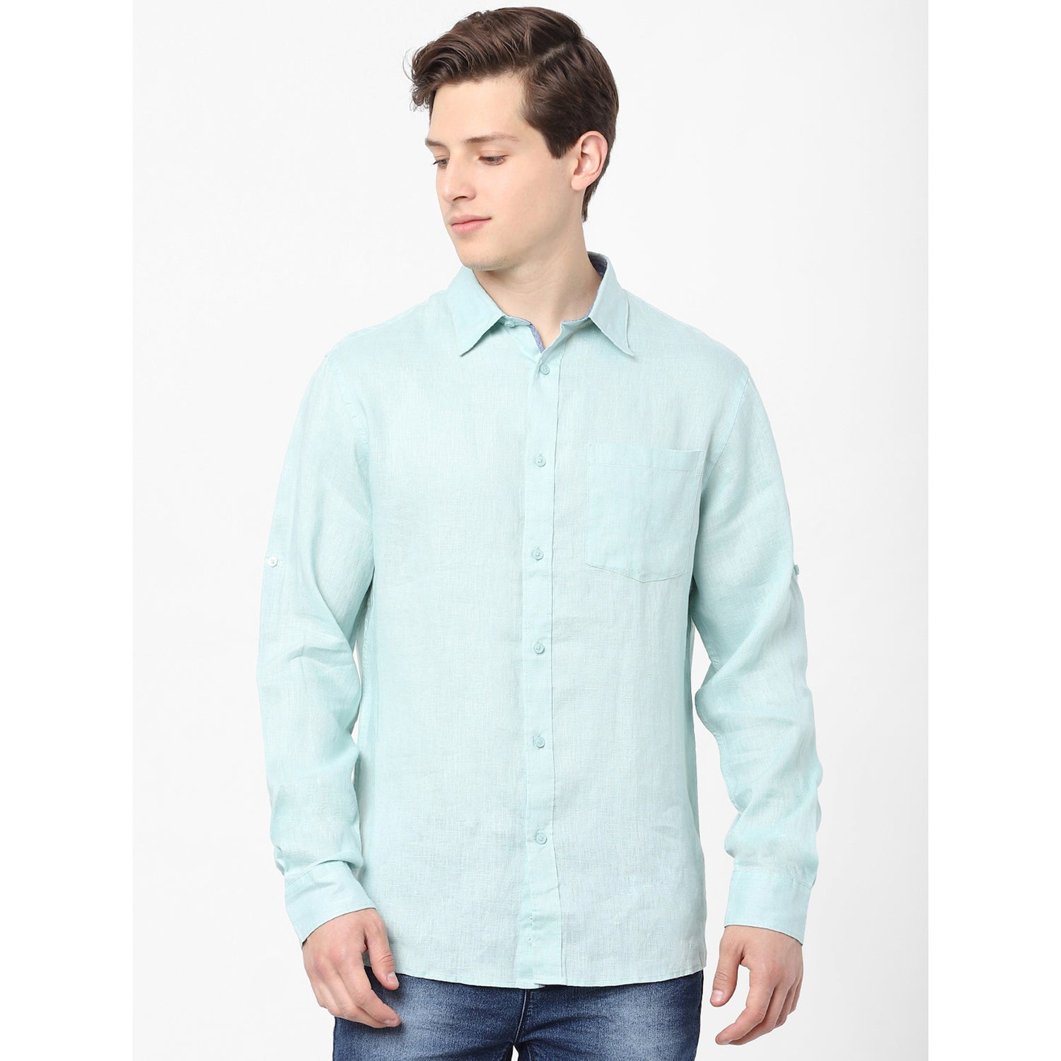Green Long Sleeves Linen Casual Shirt (BATALIN)