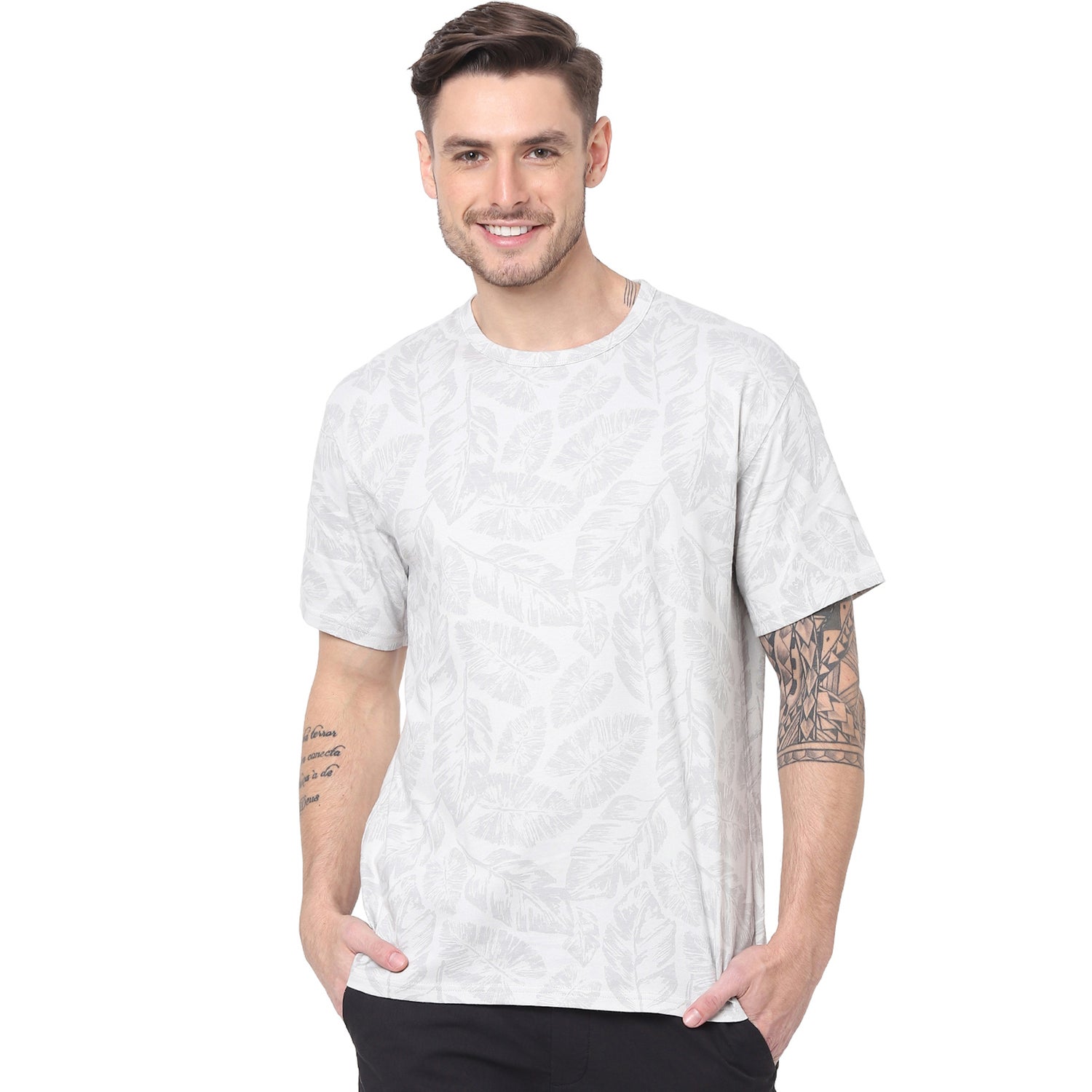 Grey Tropical Printed Casual Cotton T-shirt (BEDARK)