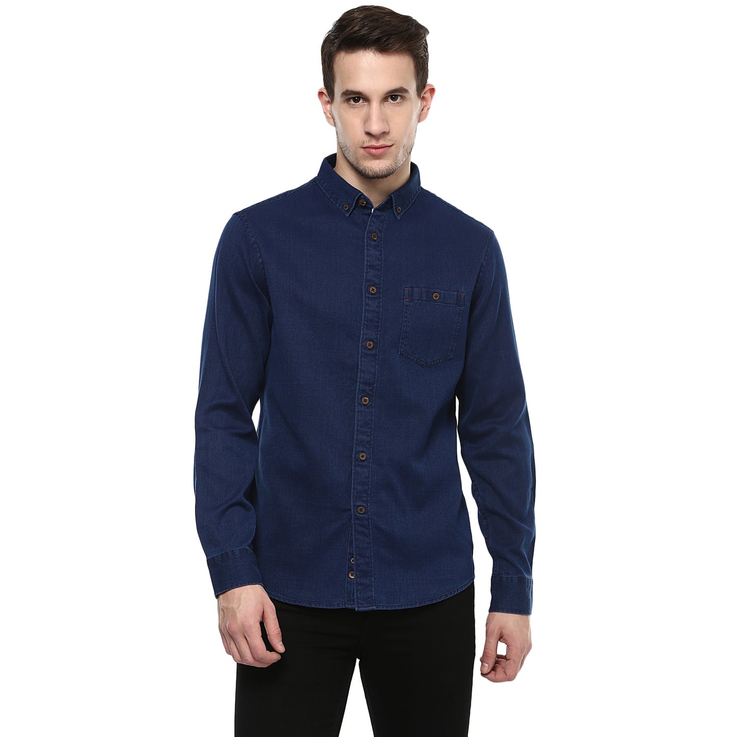 Navy Blue Regular Fit Solid Casual Shirt (LARELIEF)