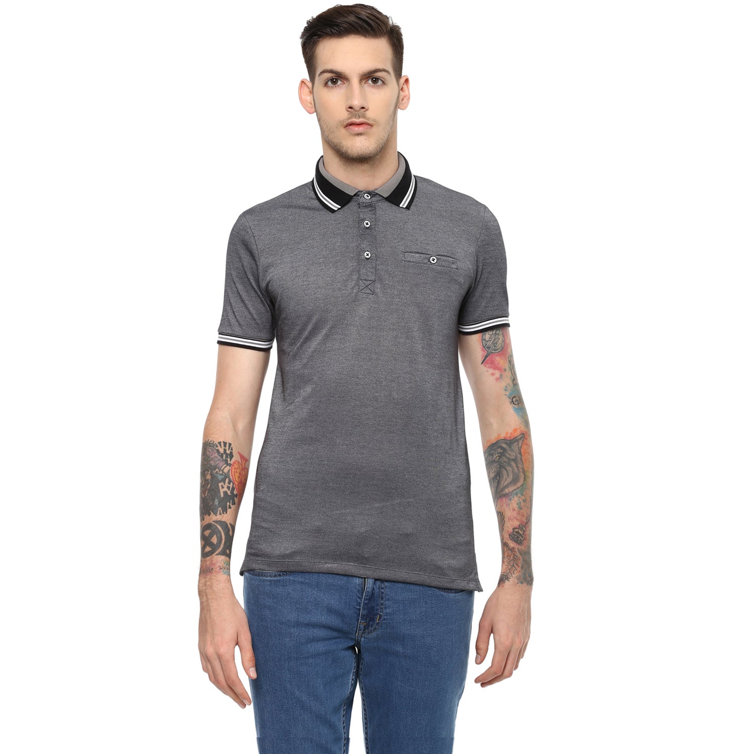 Grey Solid Regular Fit Polo T-Shirt (LEAGERAY)
