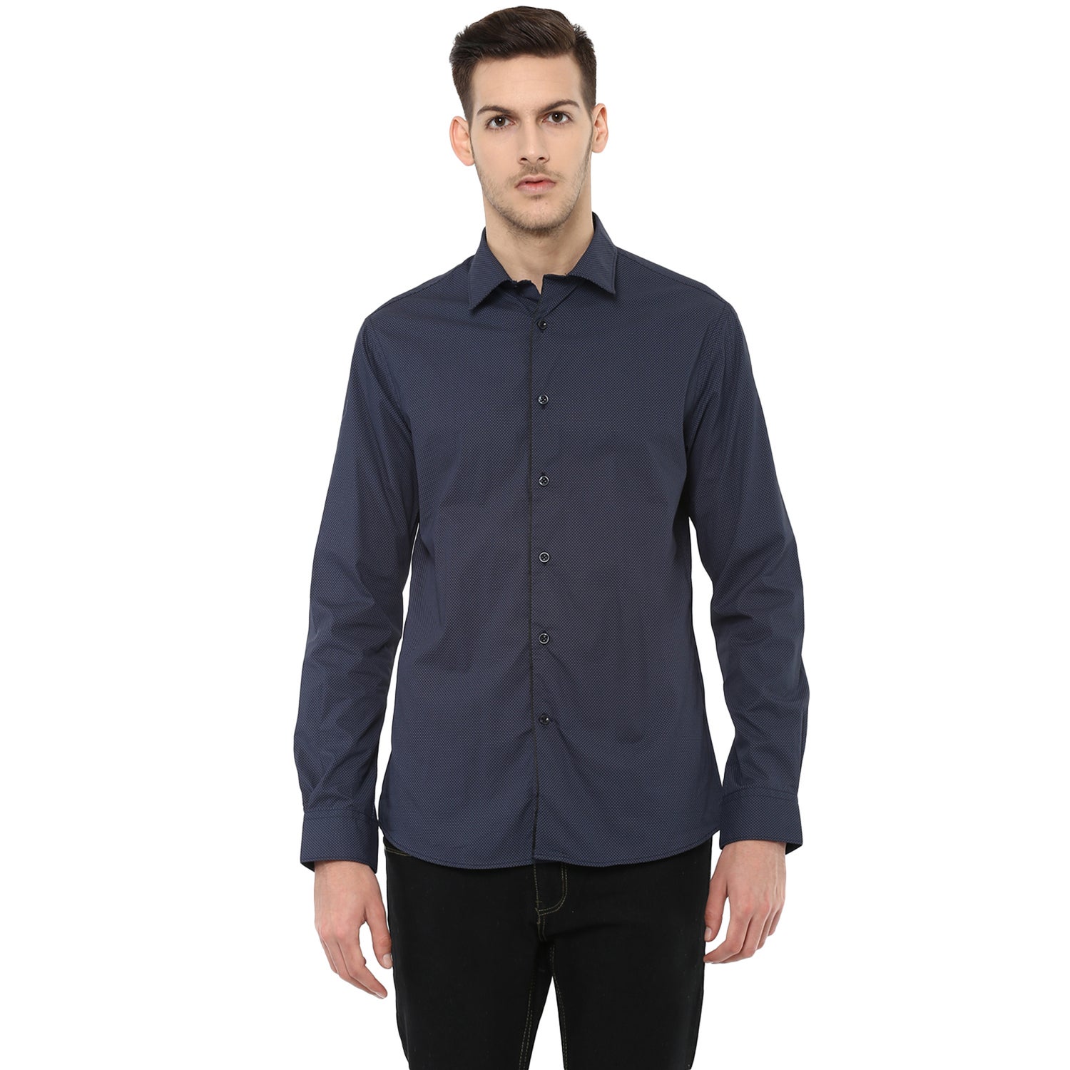 Navy Blue Slim Fit Printed Smart Casual Shirt (MABULLE)