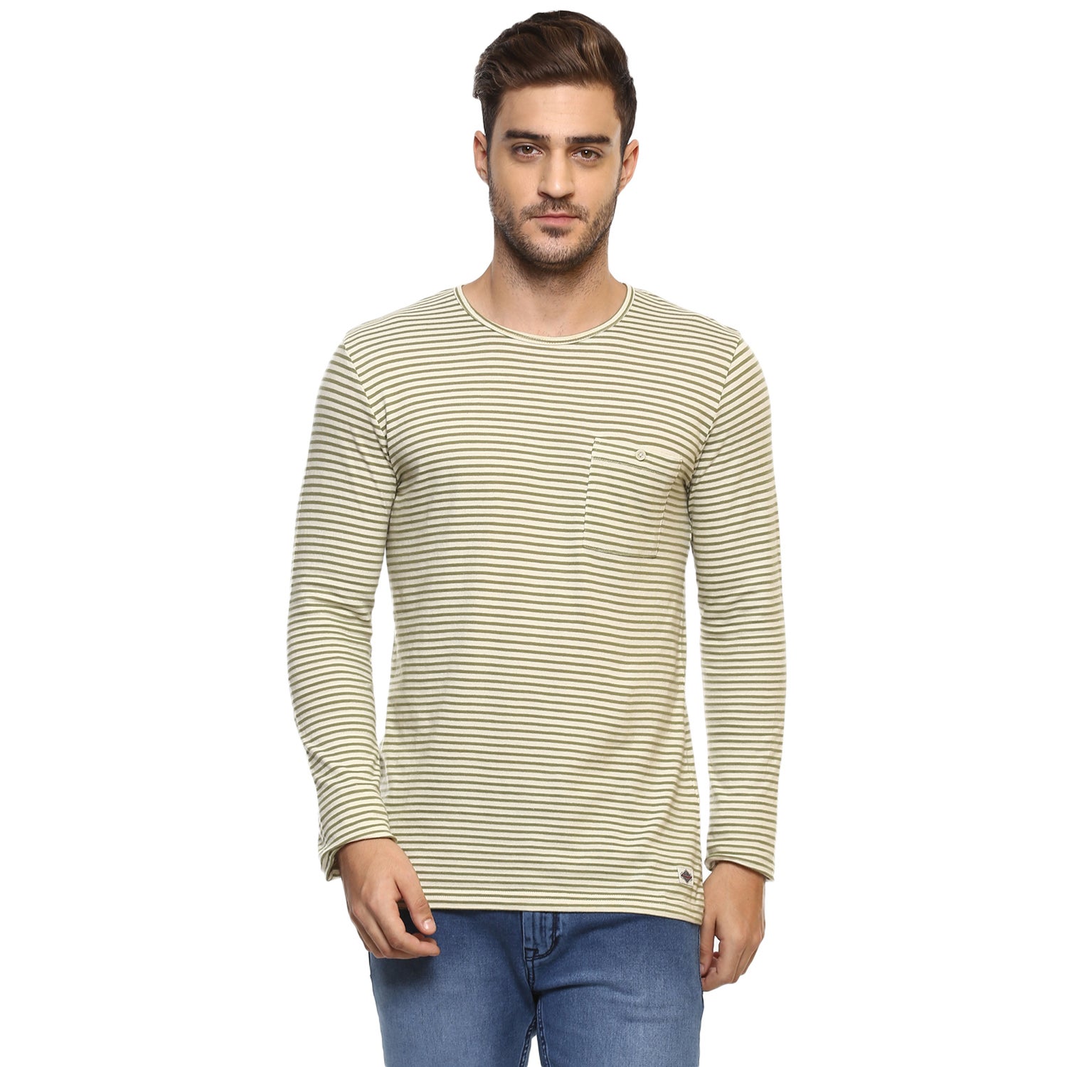 Beige and Green Striped Round Neck Pure Cotton T-shirt (MENACE)