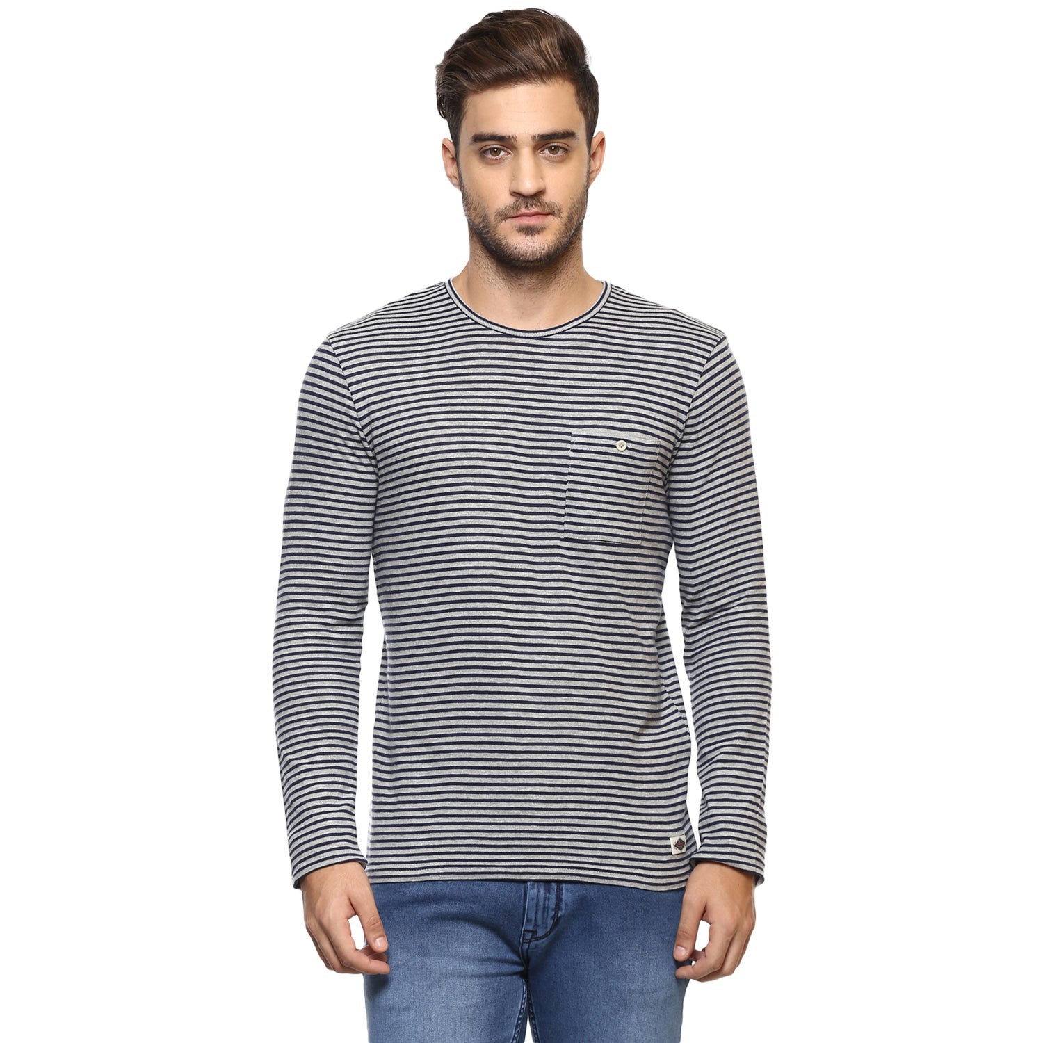 Grey and Navy Blue Striped Round Neck T-shirt (MENACE)
