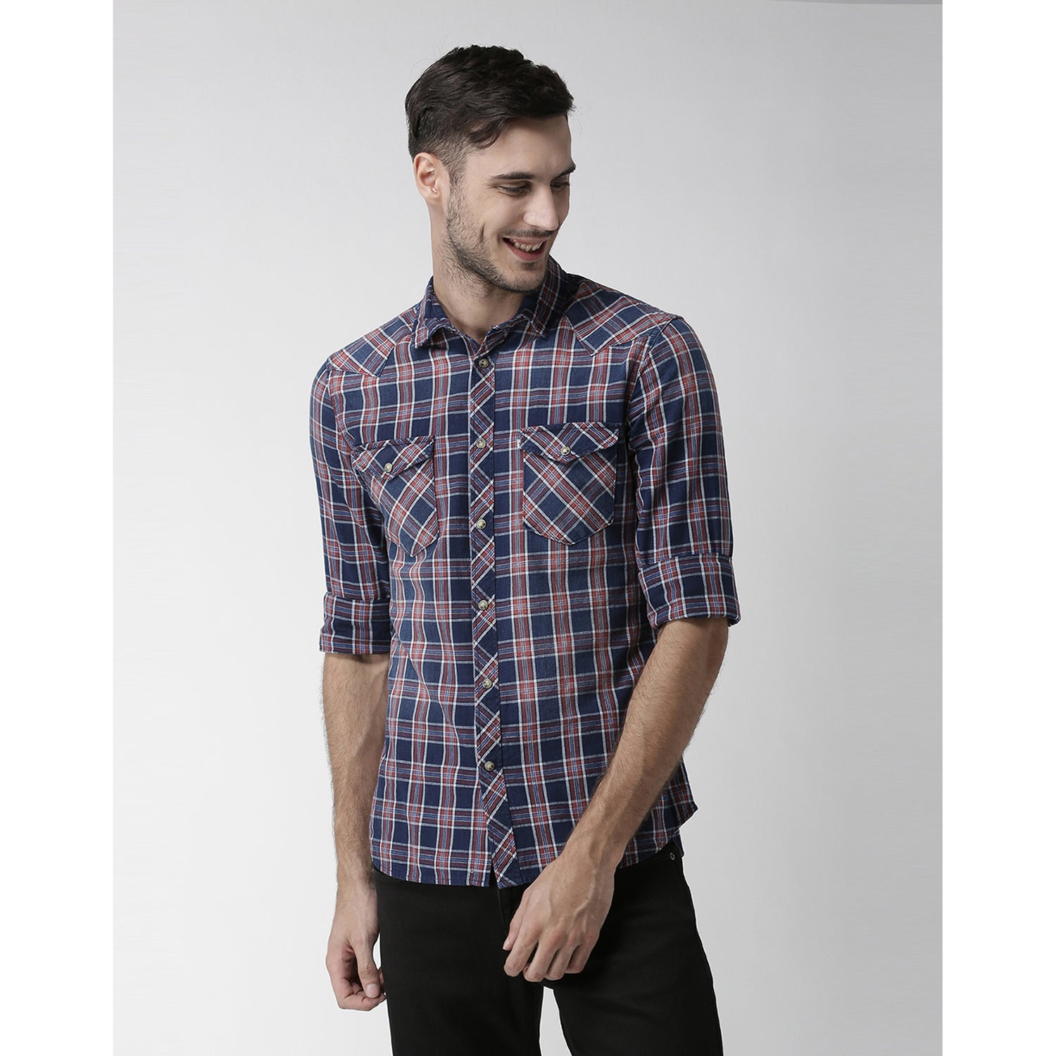 Blue and Red Regular Fit Checked Casual Shirt (NACOWBOY)