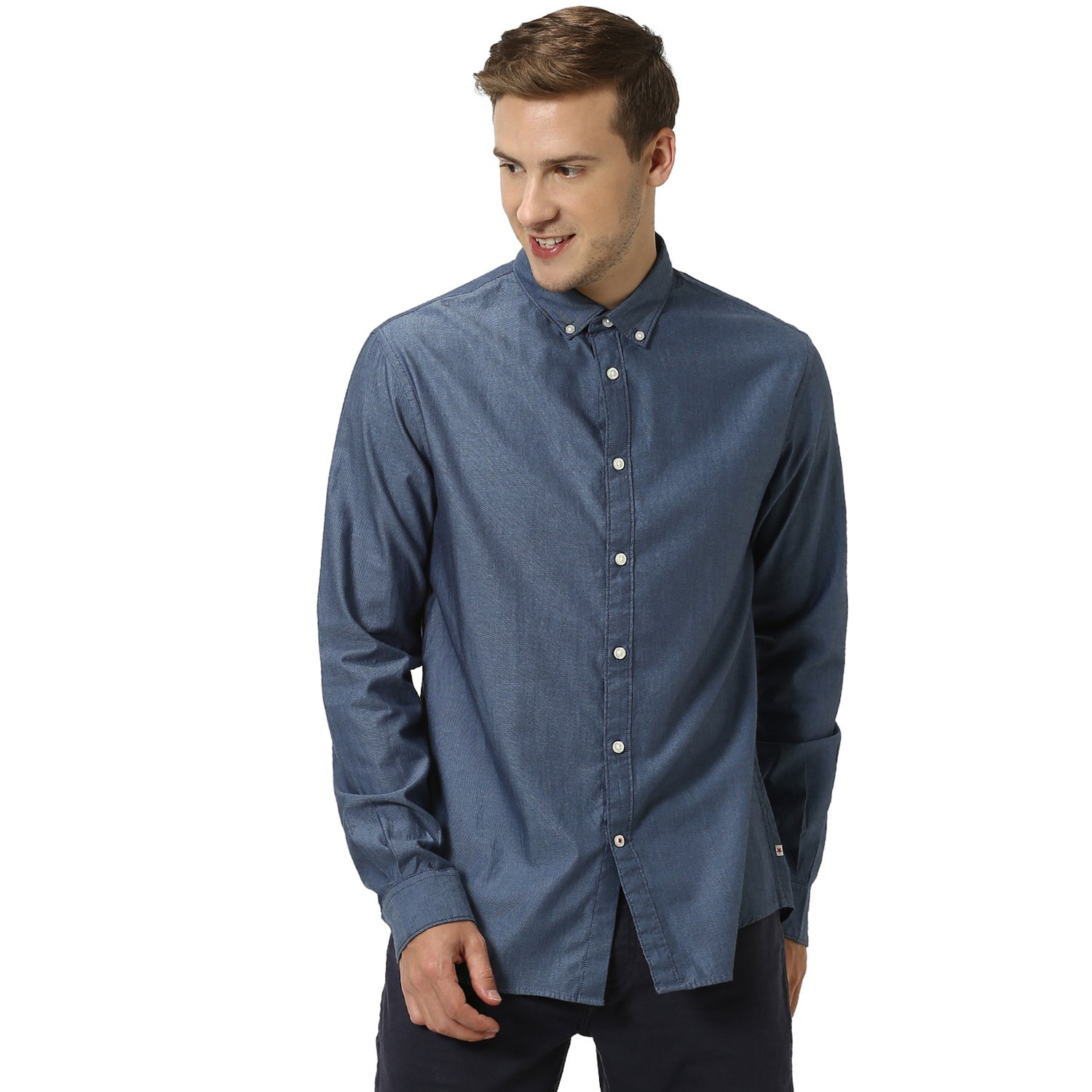 Navy Blue Slim Fit Solid Casual Shirt (NAPINPOINT1)