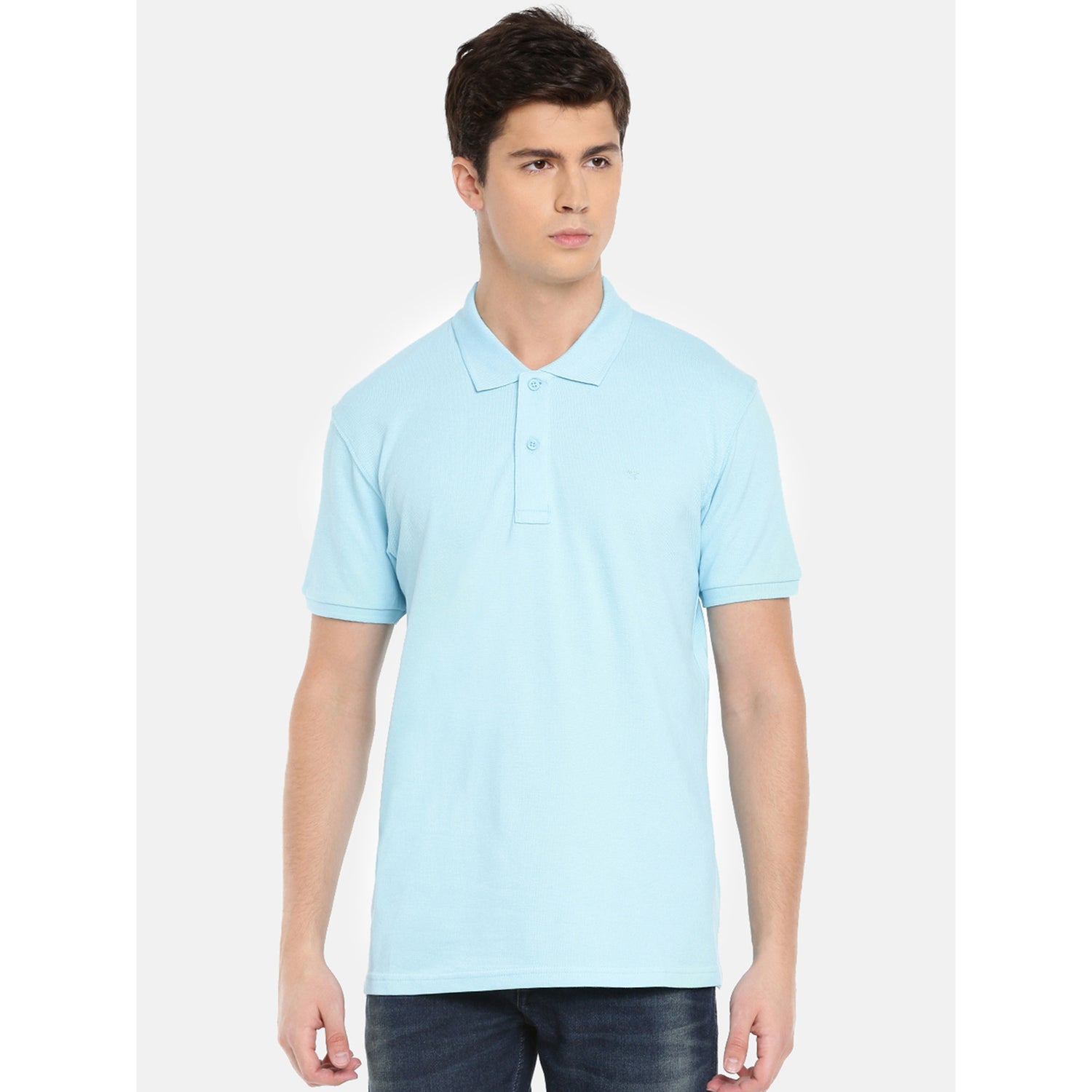 Blue Solid Polo Collar Pure Cotton T-shirt (NECEONE)