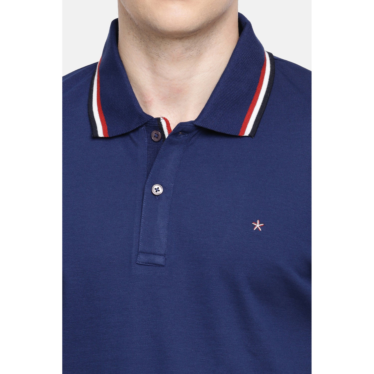 Navy Blue Solid Polo Collar Pure Cotton T-shirt (NECETWOA)