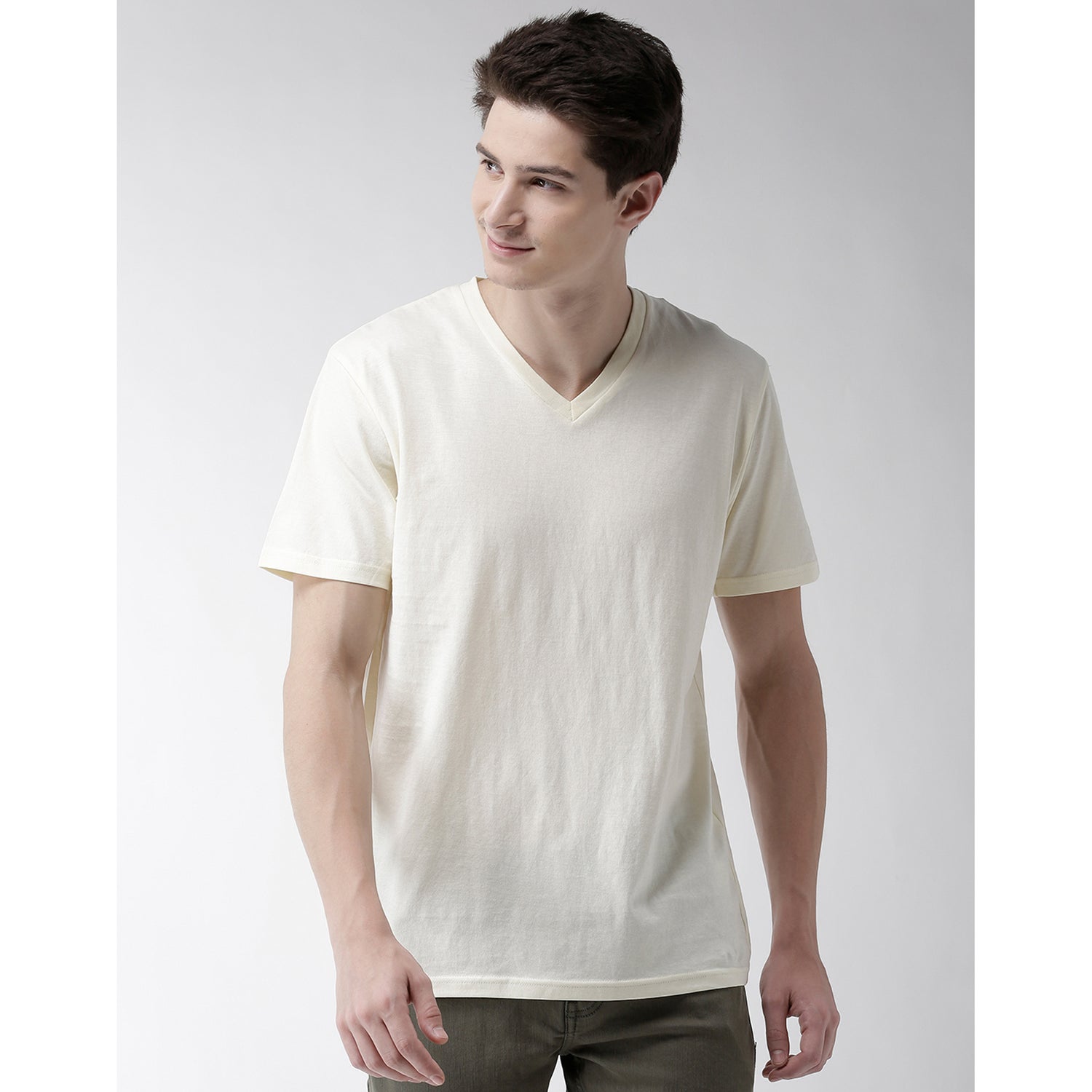 Cream-Coloured Solid V-Neck Pure Cotton T-shirt (NELIGHTISTVI)