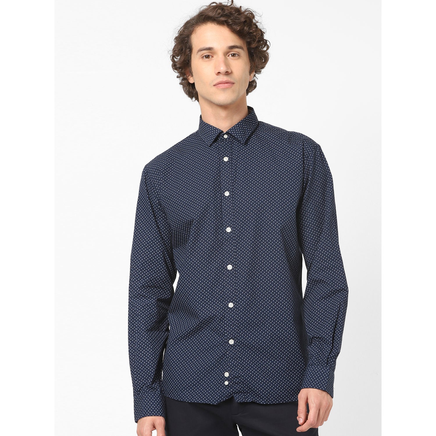 Navy Blue Printed Regular Fit Cotton Casual Shirt (PARAZZIA)