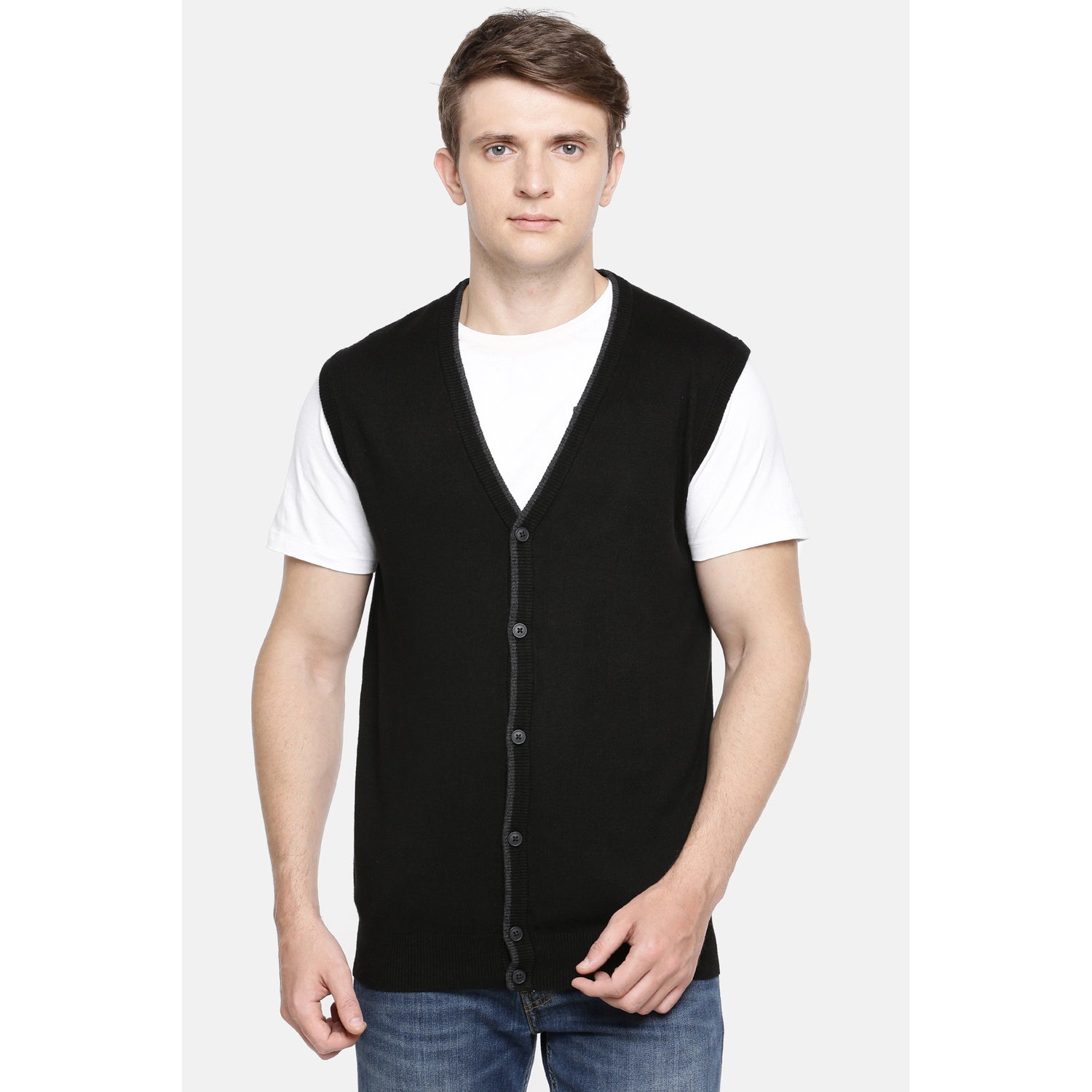Black Solid Front-Open Sweater Vest (PEFF)