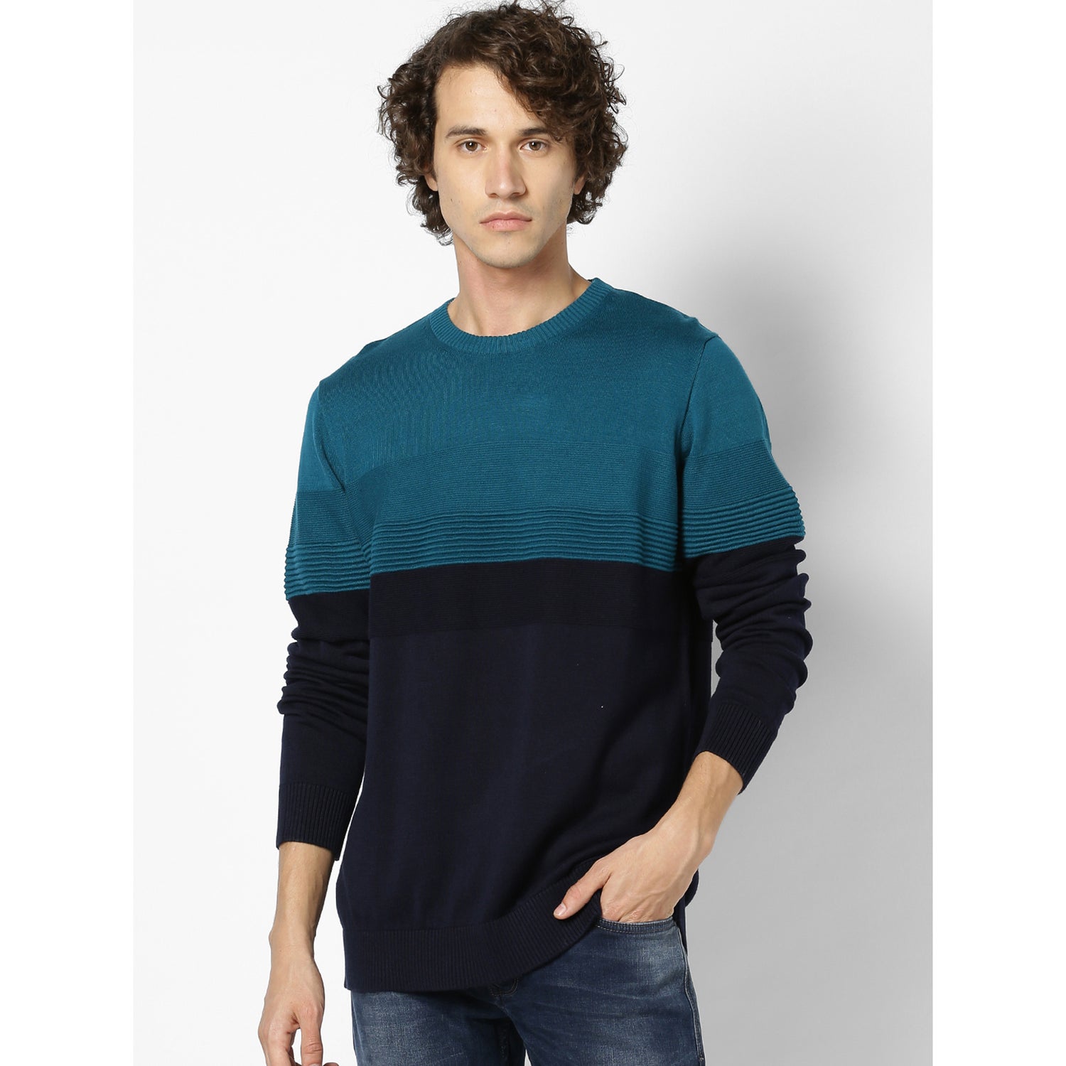 Teal Blue and Navy Blue Colourblocked Pullover Sweater (PESPORTY)