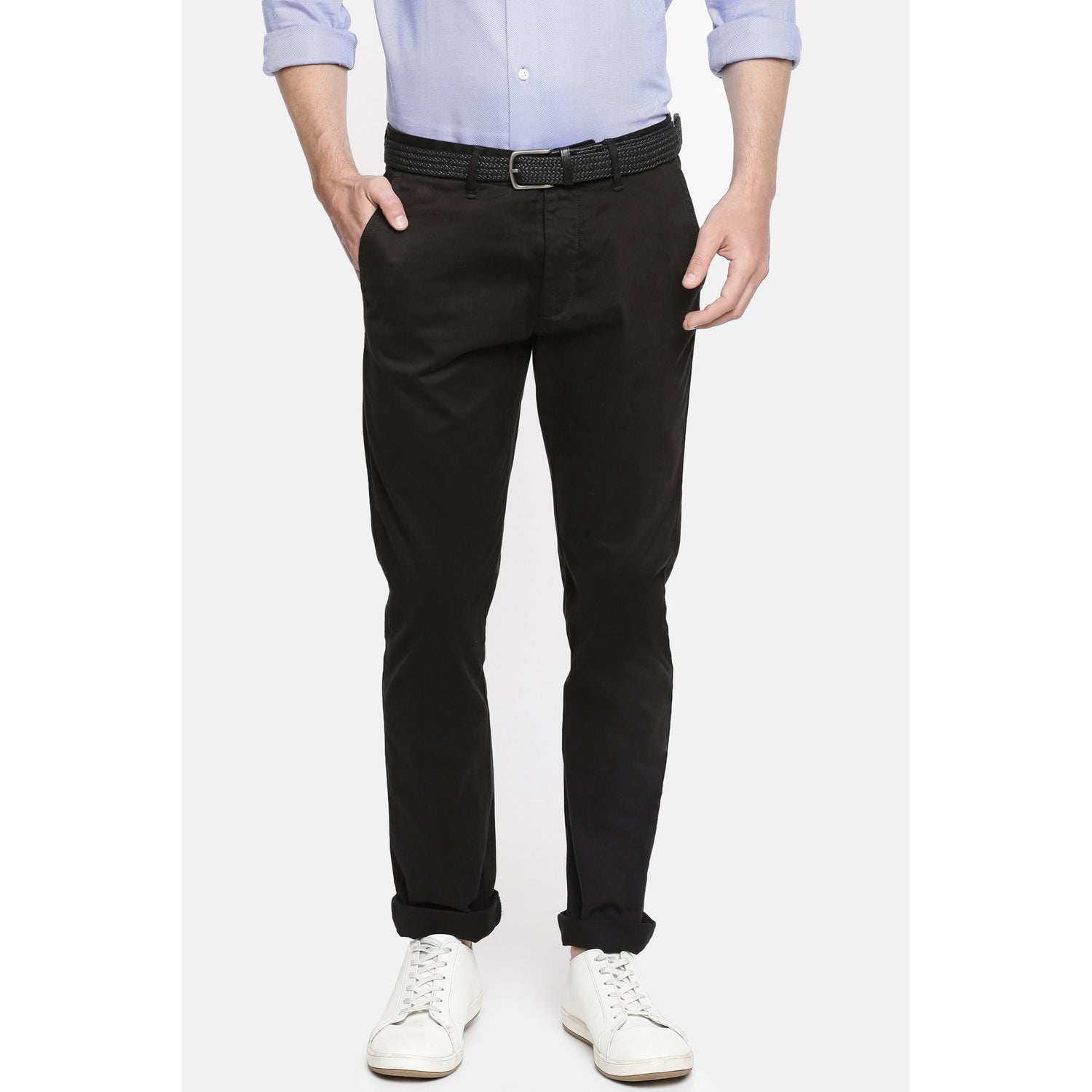 Black Slim Fit Solid Regular Trousers (POBELTSL)