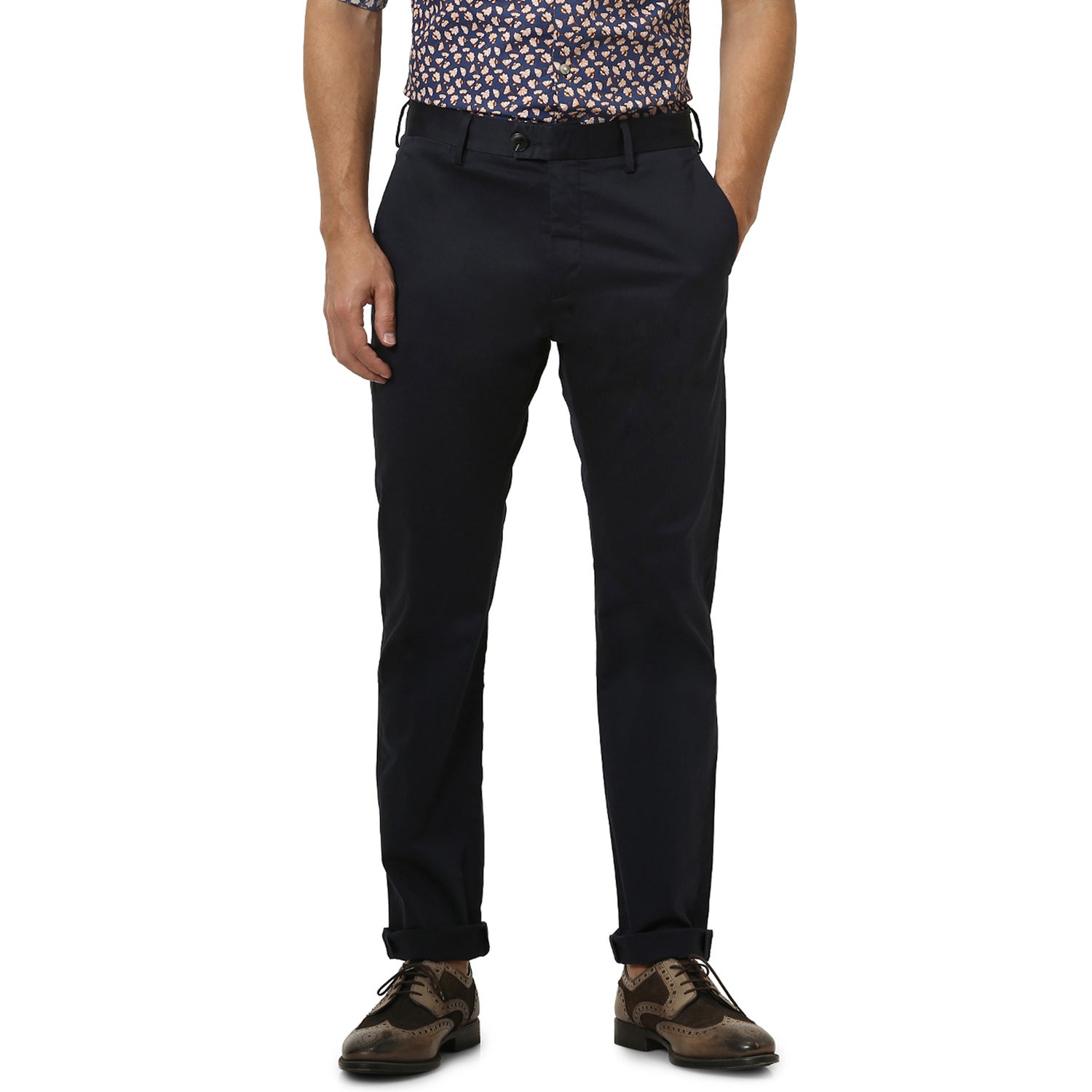 Navy Blue Slim Fit Solid Formal Trousers (POLAKEI)