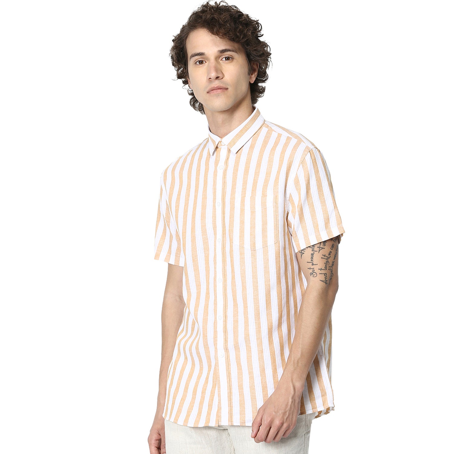 Beige and White Regular Fit Striped Casual Shirt (RABATONLINSS)