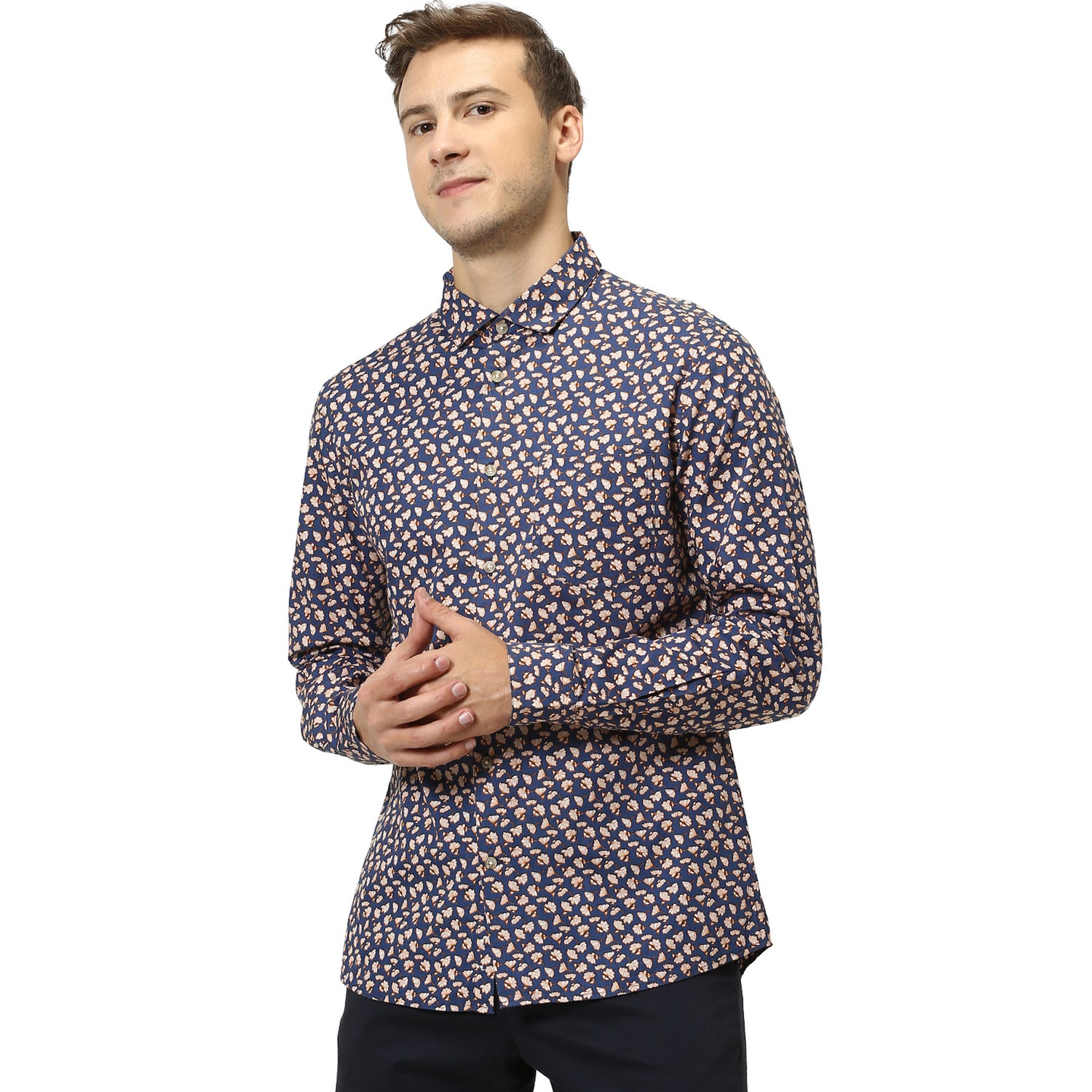 Navy Blue and Orange Slim Fit Printed Casual Shirt (RACLICOIN)