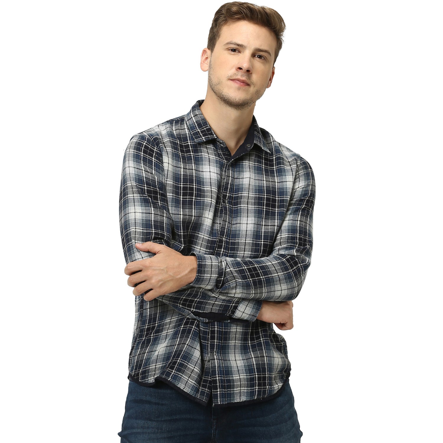 Navy Blue and Off-White Regular Fit Checked Cotton Casual Shirt (RADUAL)