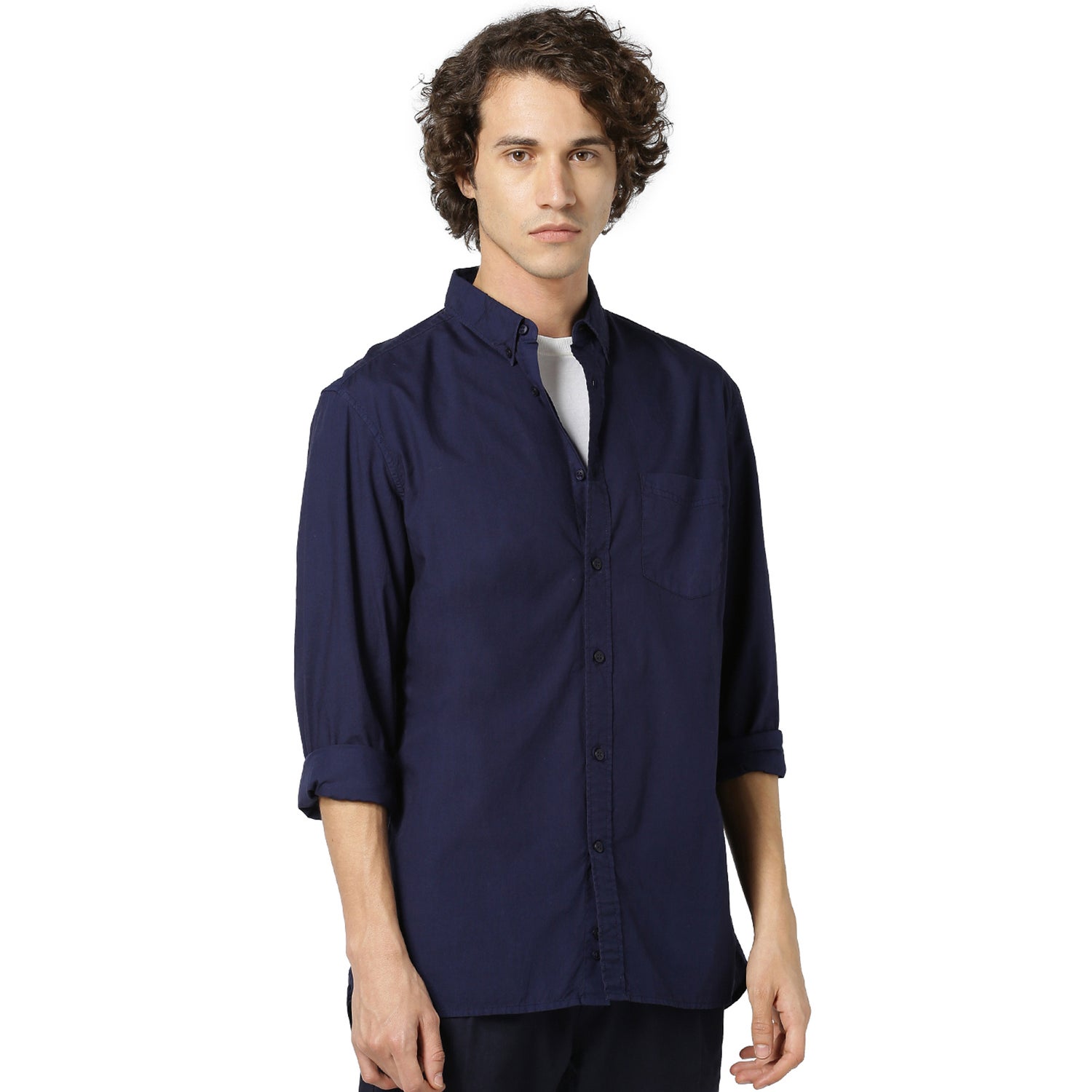 Navy Blue Regular Fit Solid Casual Shirt (RAPOP)