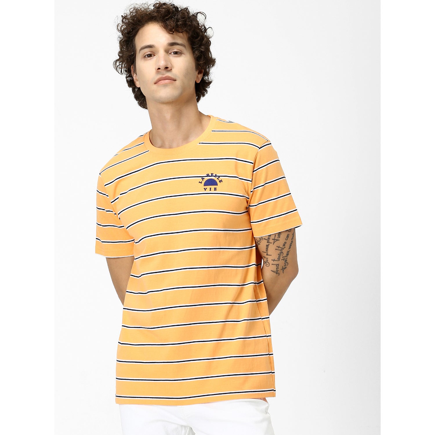 Orange and Navy Blue Striped Round Neck Pure Cotton T-shirt (RECUTE)