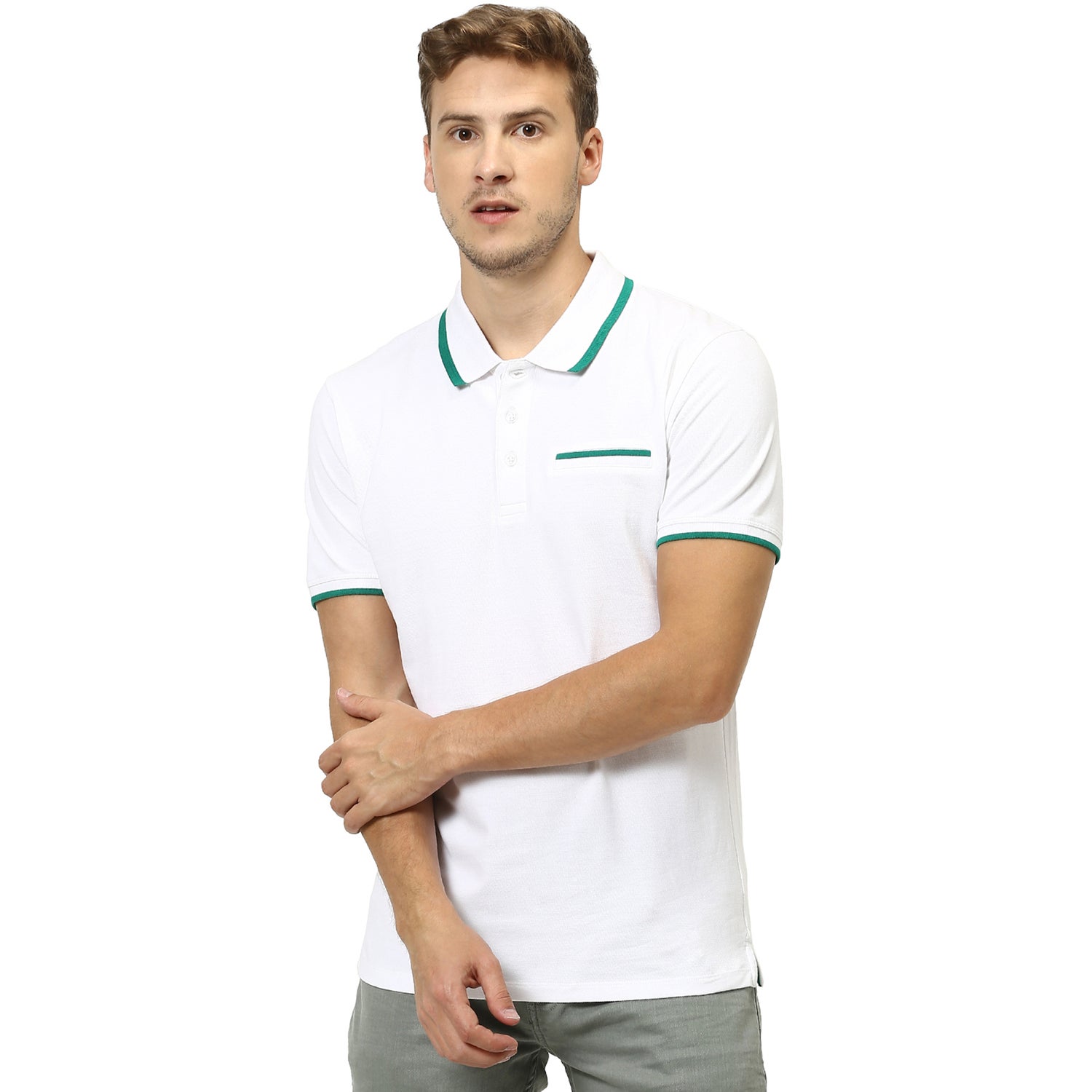 White Solid Polo Collar T-shirt (RENEOTIP)