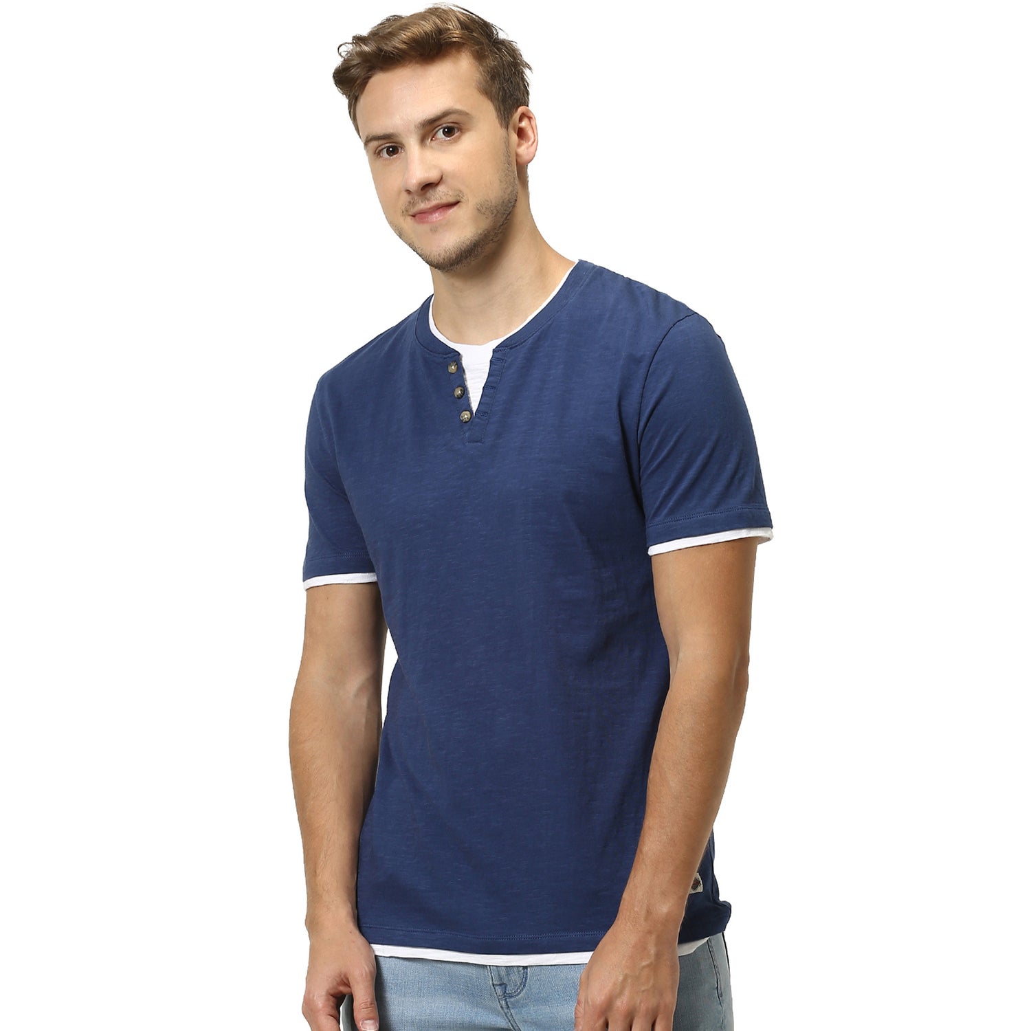 Navy Blue White Colourblocked Mandarin Collar T-shirt (RETEEN)
