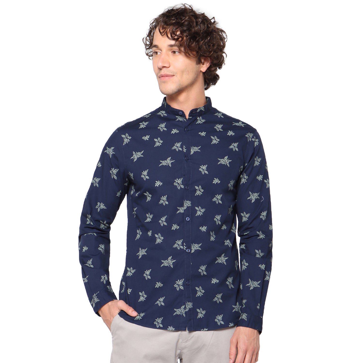 Navy Blue and White Slim Fit Floral Print Cotton Casual Shirt (SAROSA)